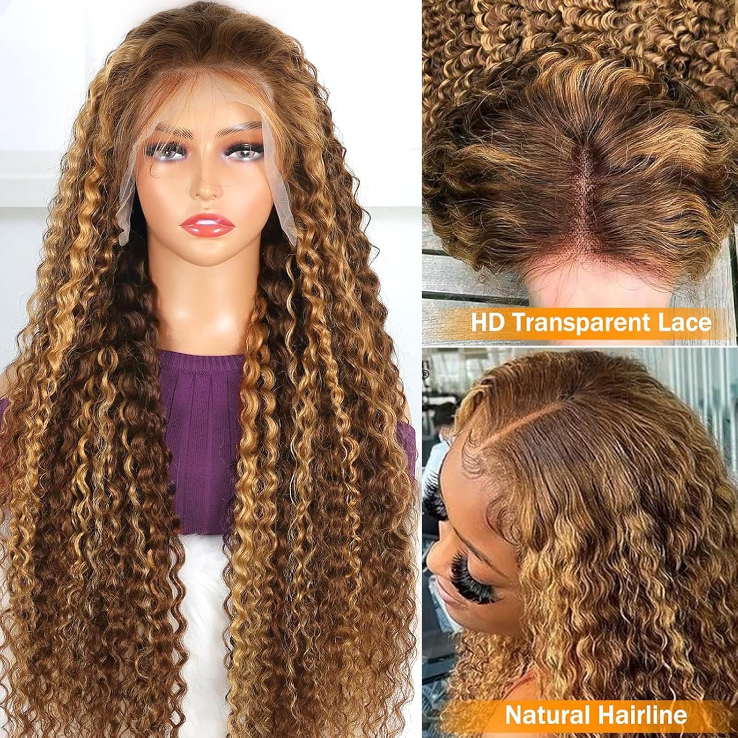 Honey Blonde Water Wave Lace Front Wigs Human Hair 4/27 Highlight 13x6 HD Lace Front Wigs Ombre Human Hair Wet and Wavy Deep Wave Glueless Lace Frontal Wigs Pre Plucked 200% Density 26 inch - Image 6