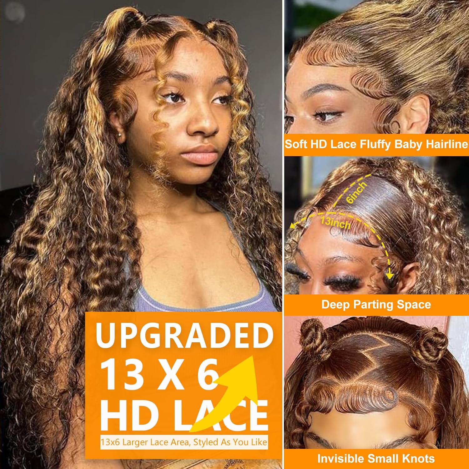 Honey Blonde Water Wave Lace Front Wigs Human Hair 4/27 Highlight 13x6 HD Lace Front Wigs Ombre Human Hair Wet and Wavy Deep Wave Glueless Lace Frontal Wigs Pre Plucked 200% Density 26 inch - Image 3