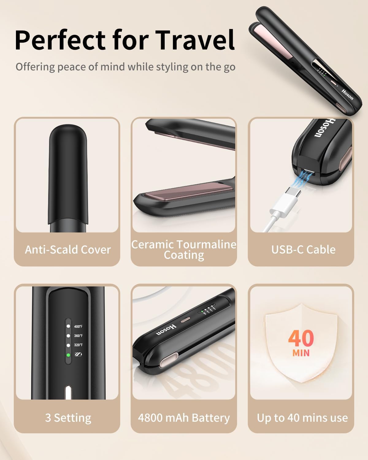 Hoson Cordless Hair Straightener,Portable Mini Flat Iron Travel for Bangs,Short Hair,USB-C Rechargeable Wireless Curling Iron and Curler 2 in 1(Black),for Touch Ups - Image 7