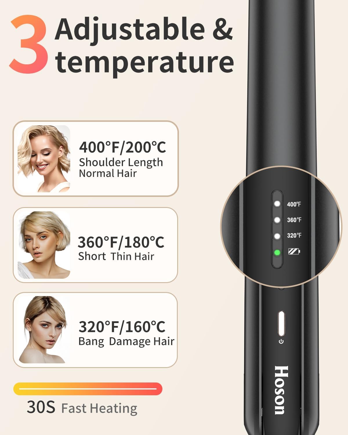 Hoson Cordless Hair Straightener,Portable Mini Flat Iron Travel for Bangs,Short Hair,USB-C Rechargeable Wireless Curling Iron and Curler 2 in 1(Black),for Touch Ups - Image 4