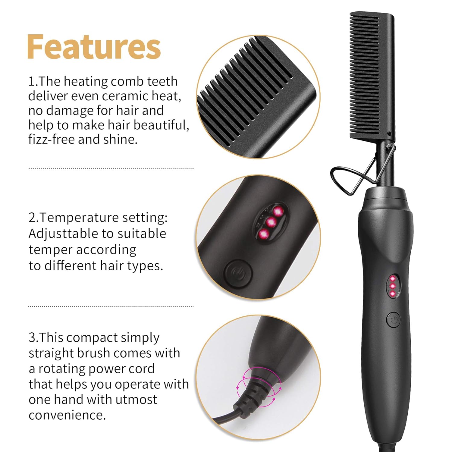 Hot Comb Hair Straightener Heat Pressing Combs - Ceramic Electric Straightening Comb, Curling Iron for Natural Black Beard Wigs Holiday Gift - Black 5 In1 - Image 6