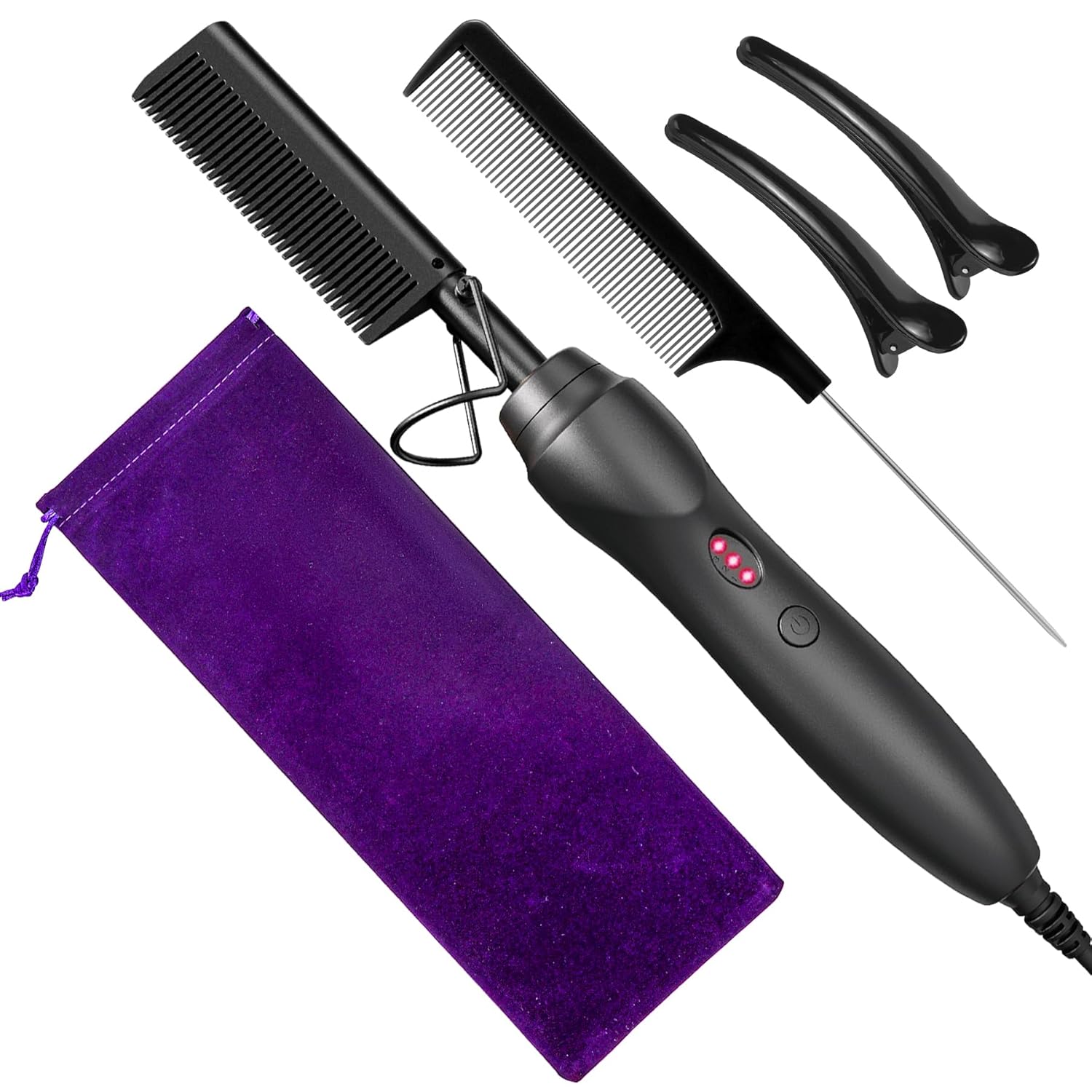 Hot Comb Hair Straightener Heat Pressing Combs - Ceramic Electric Straightening Comb, Curling Iron for Natural Black Beard Wigs Holiday Gift - Black 5 In1