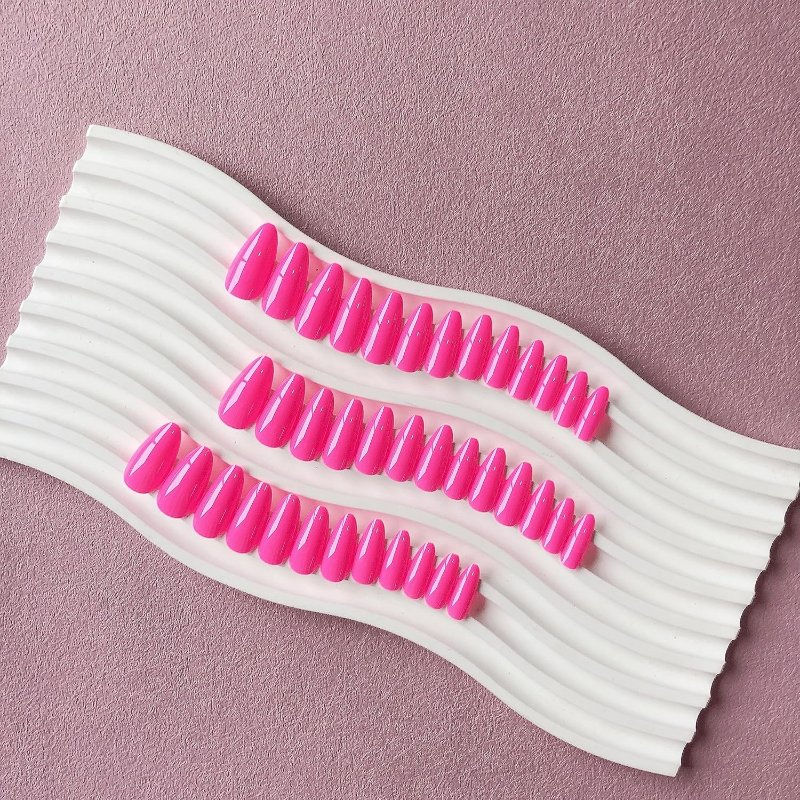 Hot Pink Press on Nails Almond Shaped 48Pcs Neutral Thick Fake Nails for Women Medium Neon Almond Nails Press on Reusable Acrylic Nails Glue on Medium Length Stiletto False Nails Gel Artificial Nails - Image 3