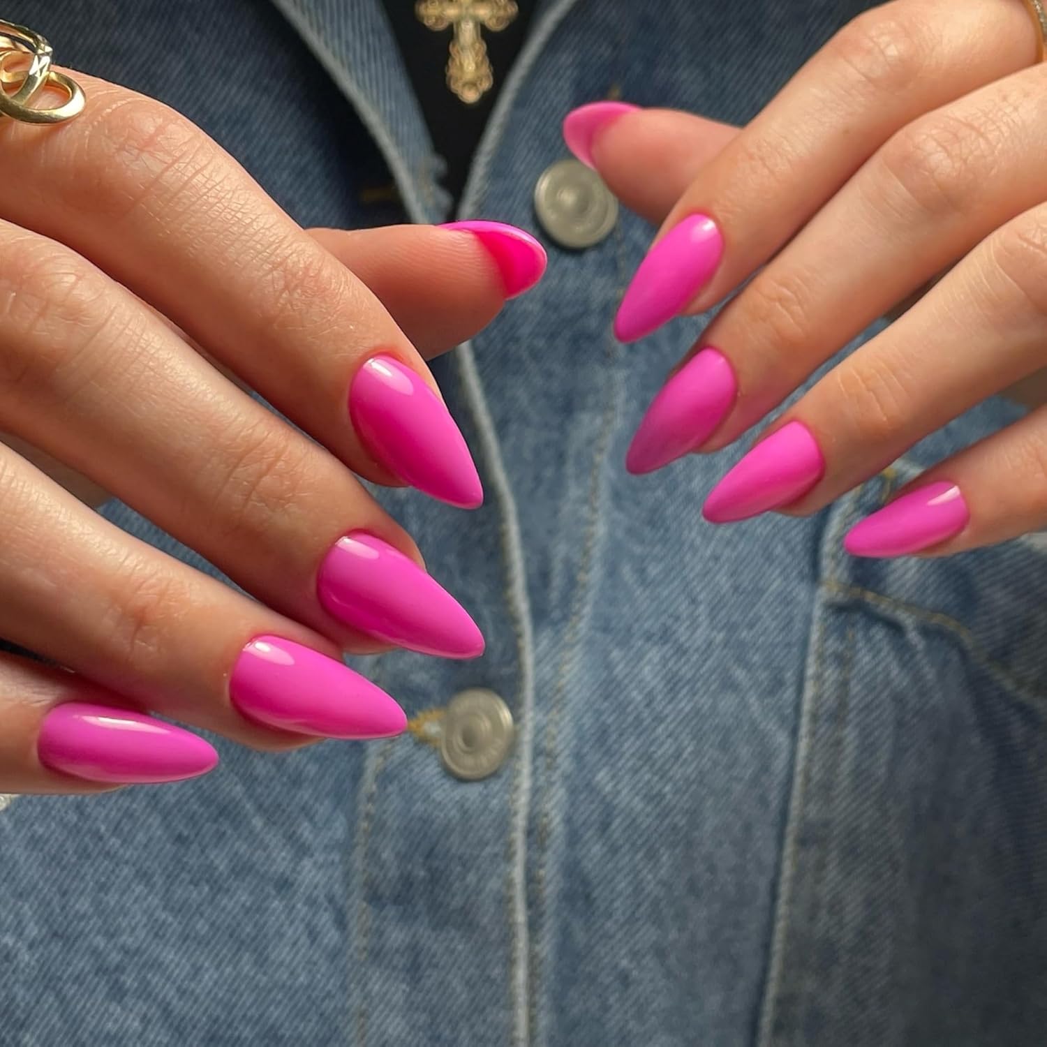 Hot Pink Press on Nails Almond Shaped 48Pcs Neutral Thick Fake Nails for Women Medium Neon Almond Nails Press on Reusable Acrylic Nails Glue on Medium Length Stiletto False Nails Gel Artificial Nails - Image 2