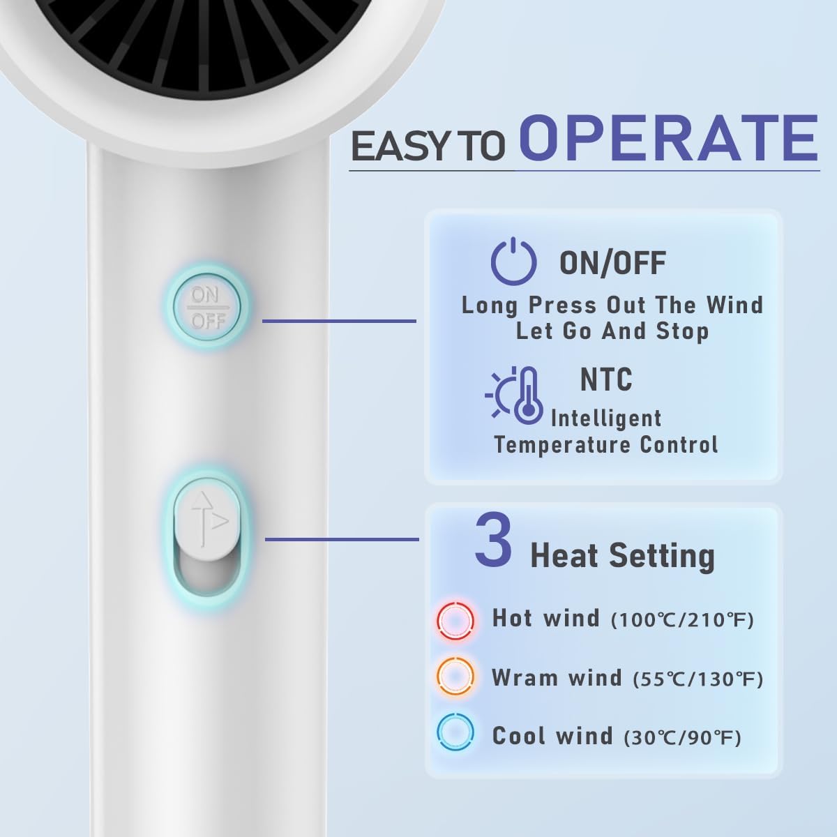 Hotel Wall Mount Hair Dryer for Bathroom with Night Light, 110V, Quiet, Overheat Protection, Negative Ion Technology - Image 4