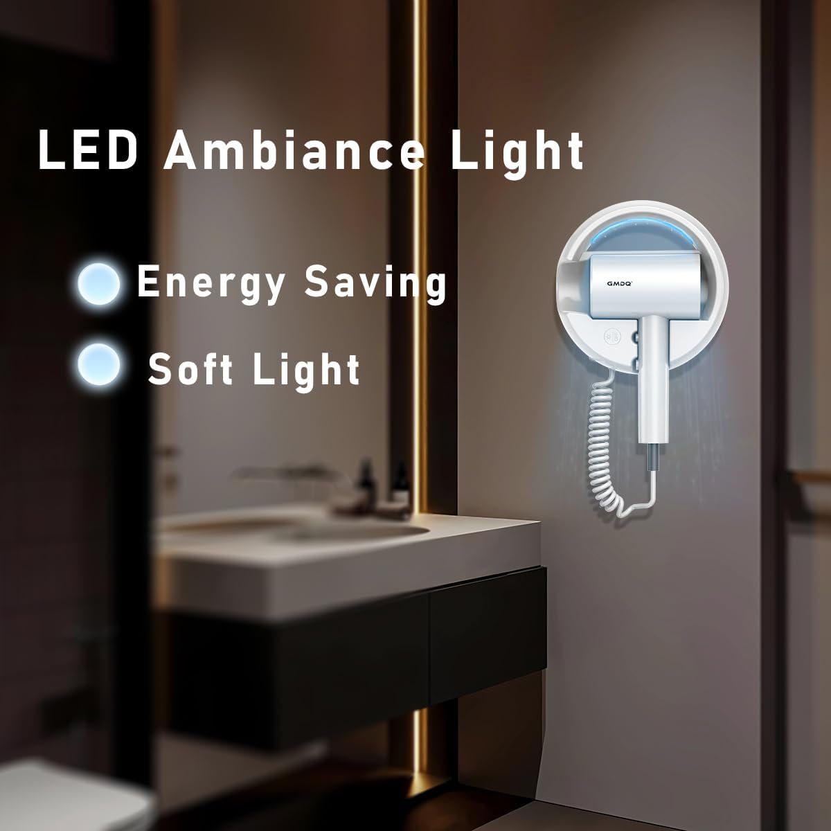 Hotel Wall Mount Hair Dryer for Bathroom with Night Light, 110V, Quiet, Overheat Protection, Negative Ion Technology - Image 3