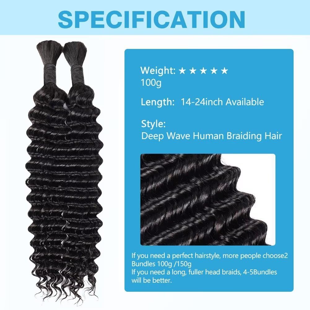 Human Braiding Hair 12A Deep Water Wave Bulk Human Hair 100g 18 Inch Curly Human Hair for Boho Braids Hair Extensions No Weft 2 Braids Per Pack Wet and Wavy Human Hair Braiding Hair Natural Black - Image 2