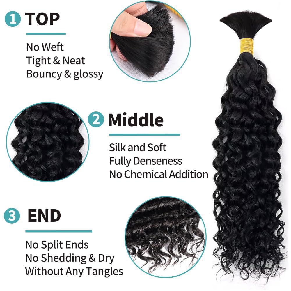 Human Braiding Hair 3 Bundles/Pack 150g Curly Water Wave Human Bulk Hair for Braiding No Weft 10A Brazilian Virgin Human Braiding Hair for Boho Braids Wet and Wavy Braids Extensions (16 16 16inch) - Image 2