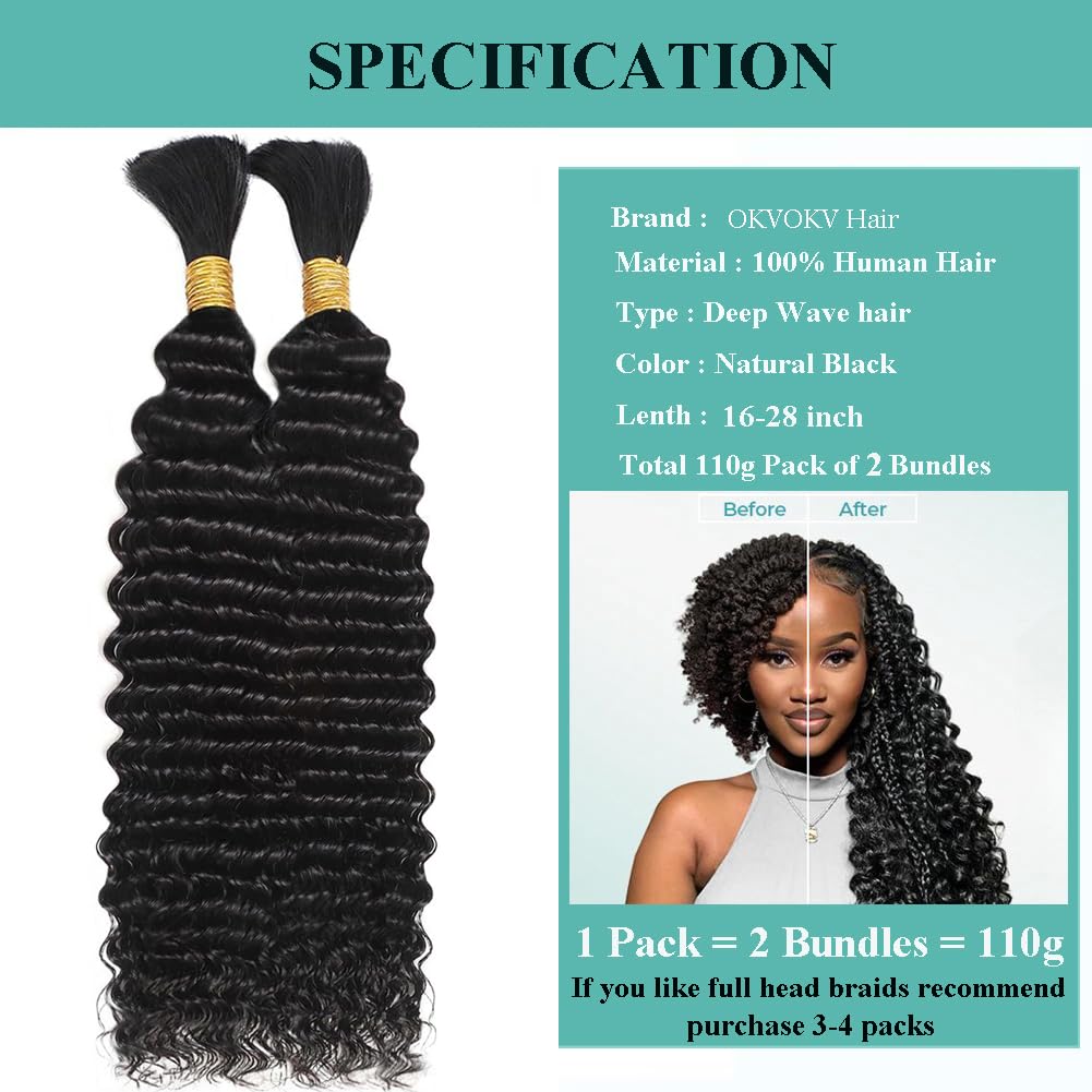 Human Braiding Hair for Boho Braids 110g 20 Inch Deep Water Wave Bulk Human Hair for Braiding No Weft 12A Wet and Wavy Curly Human Hair Extensions 2 Bundles/Pack Natural Color - Image 2