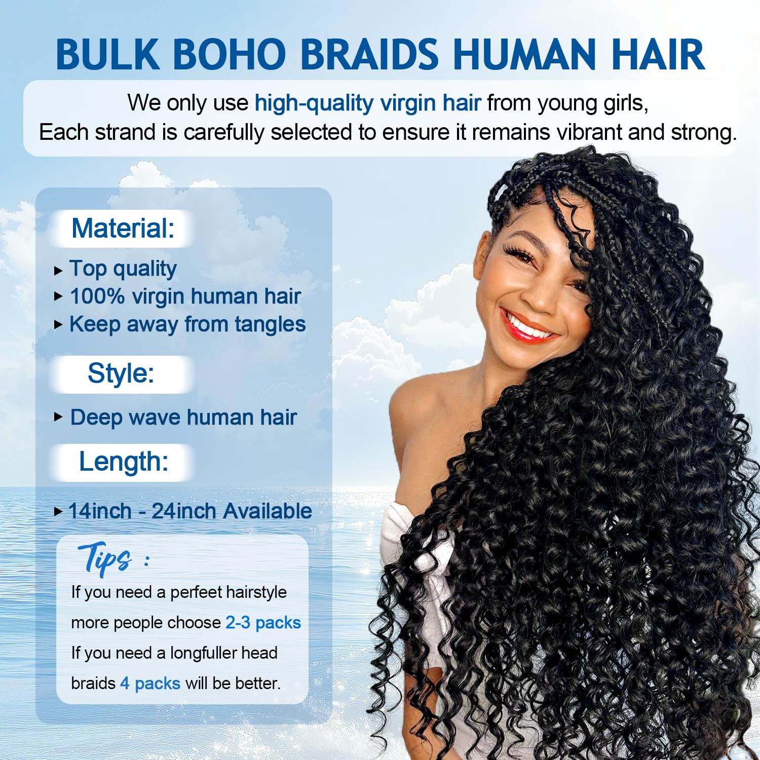 Human Braiding Hair for Boho Braids 120g Deep Wave Boho Hair for Braiding Knotless 12A Curly Bulk Bohemian 3 Bundles 100% Unprocessed Brazilian Virgin Hair Extensions Natural Color 16 Inch - Image 5