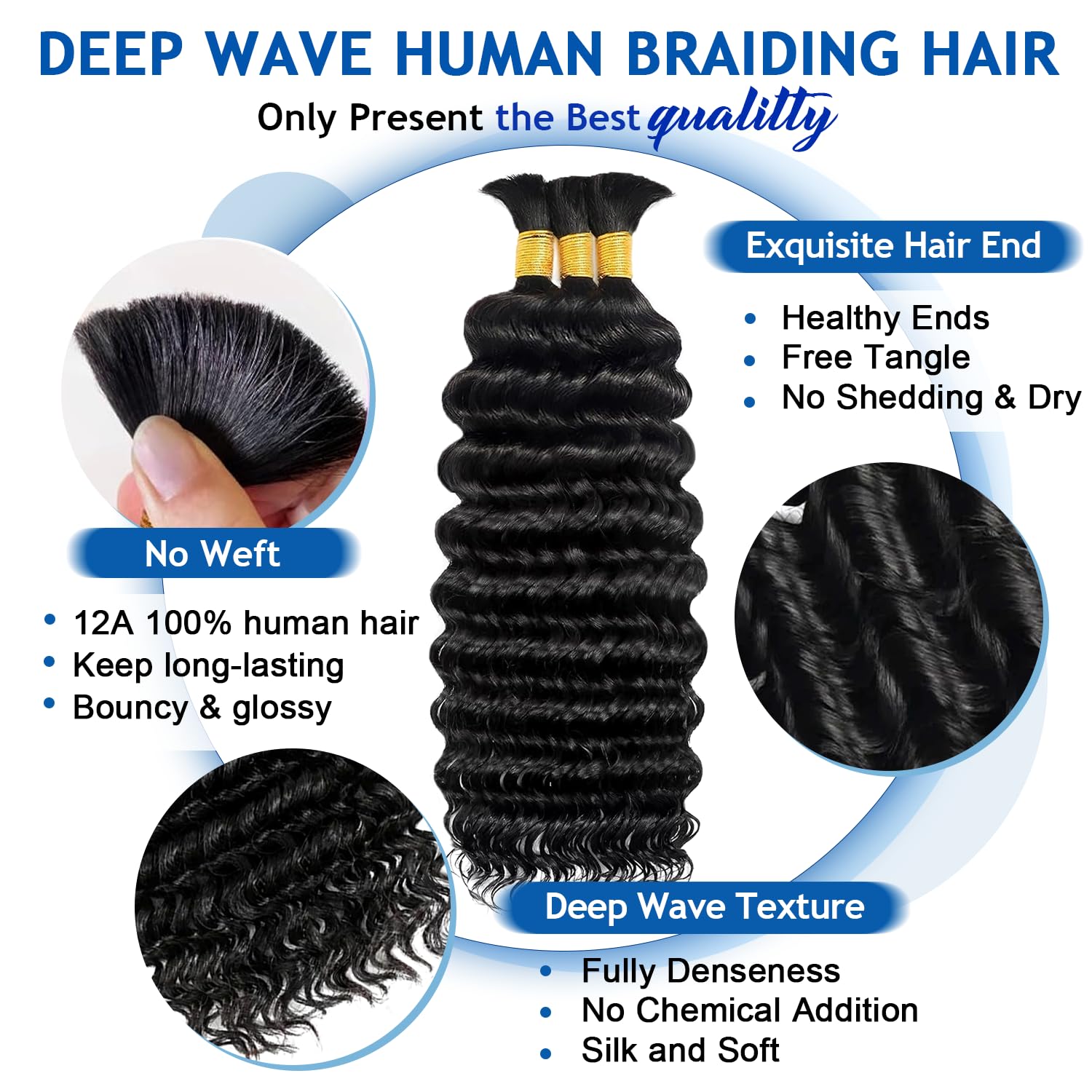 Human Braiding Hair for Boho Braids 120g Deep Wave Boho Hair for Braiding Knotless 12A Curly Bulk Bohemian 3 Bundles 100% Unprocessed Brazilian Virgin Hair Extensions Natural Color 16 Inch - Image 3
