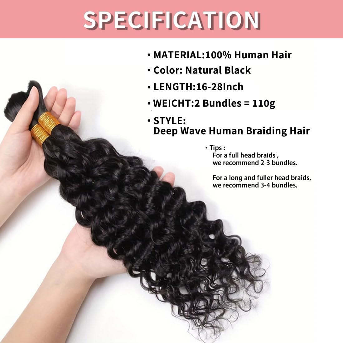 Human Braiding Hair for Boho Braids 12A Deep Water Wave Bulk Human Hair for Braiding No Weft Wet and Wavy Curly Human Hair Extensions (1B-Natural Black-Deep, 110g-22 Inch) - Image 3