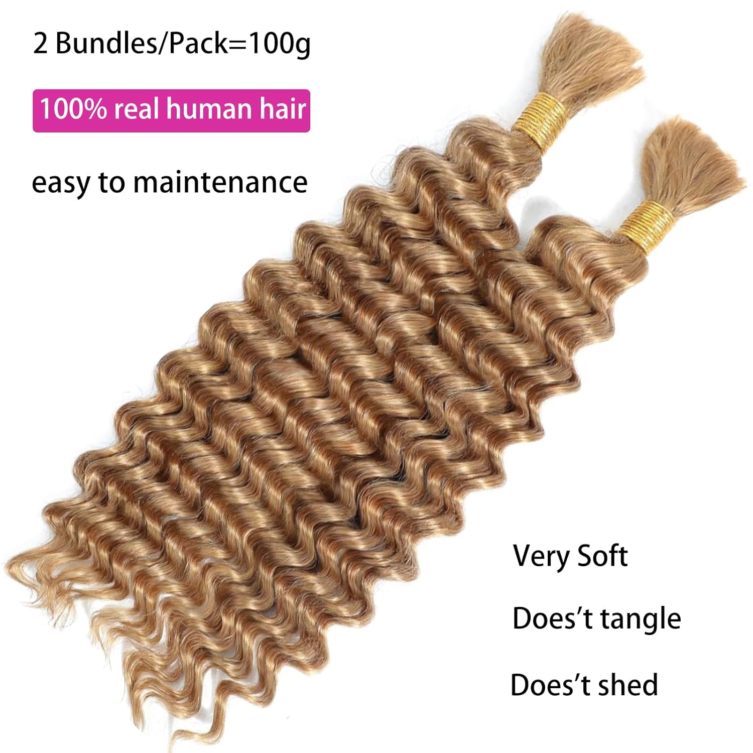 human braiding hair for boho braids 2 bundles 20 inch,total 100g deep wave bulk human hair for braiding,#27 honey blonde no weft deep curly wave bundles for bohemian braids - Image 2