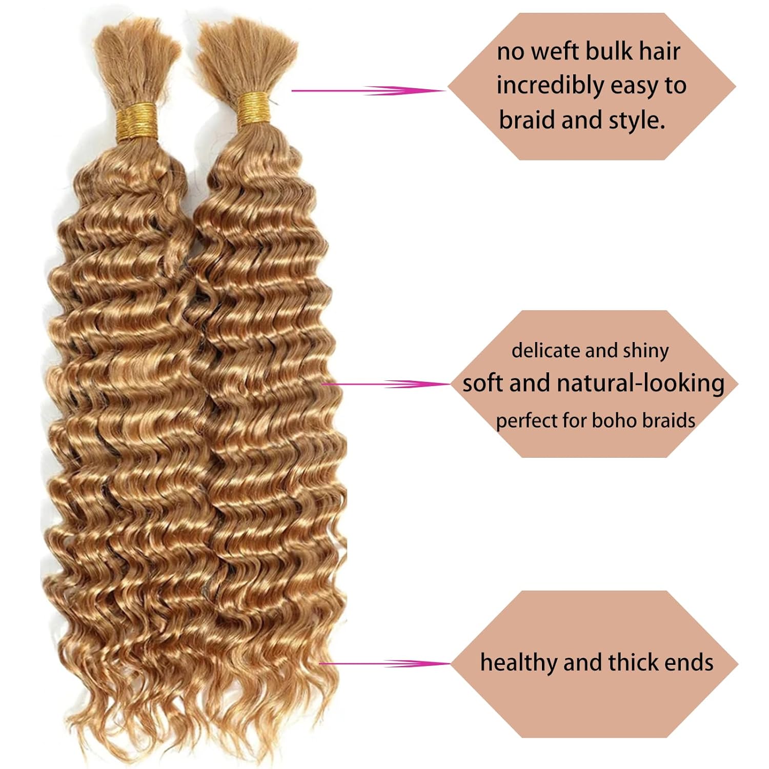 human braiding hair for boho braids 2 bundles 20 inch,total 100g deep wave bulk human hair for braiding,#27 honey blonde no weft deep curly wave bundles for bohemian braids - Image 4