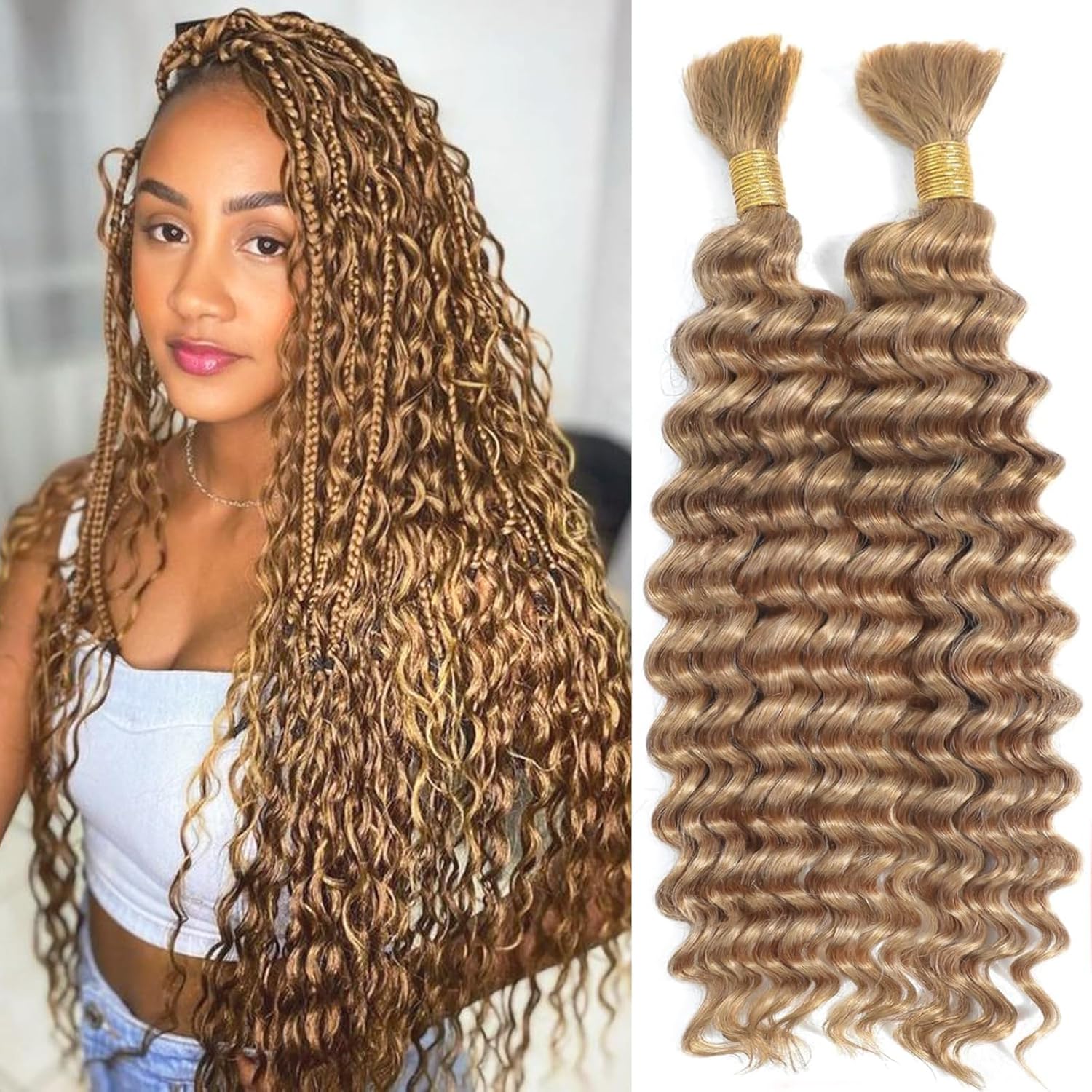 human braiding hair for boho braids 2 bundles 20 inch,total 100g deep wave bulk human hair for braiding,#27 honey blonde no weft deep curly wave bundles for bohemian braids