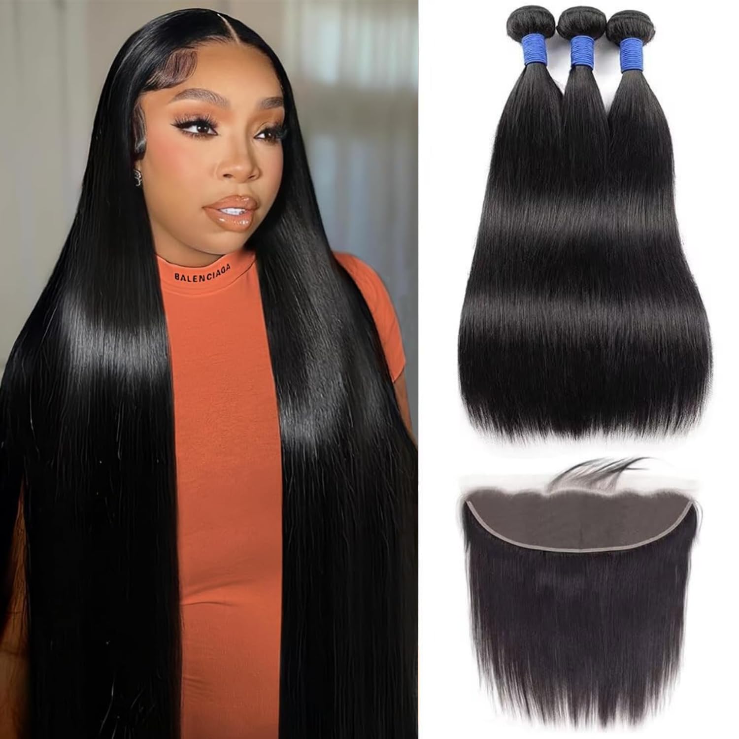 Human Hair Bundles with Frontal 16 18 20+14 inch 3 Bundles with 13x4 Lace Frontal Free Part 12A Straight Hair 100% Unprocessed Brazilian Virgin Human Hair Bundles Hair Extensions