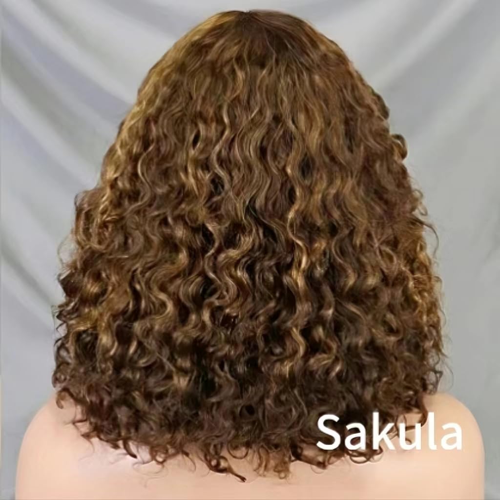 human hair Wig with Bangs for black woman Glueless Wig Ombre Short Curly Bob Wigs 180% Density brazilian hair wigs Piano Brown Blonde Wigs Water Wave Wigs 12Inch - Image 3