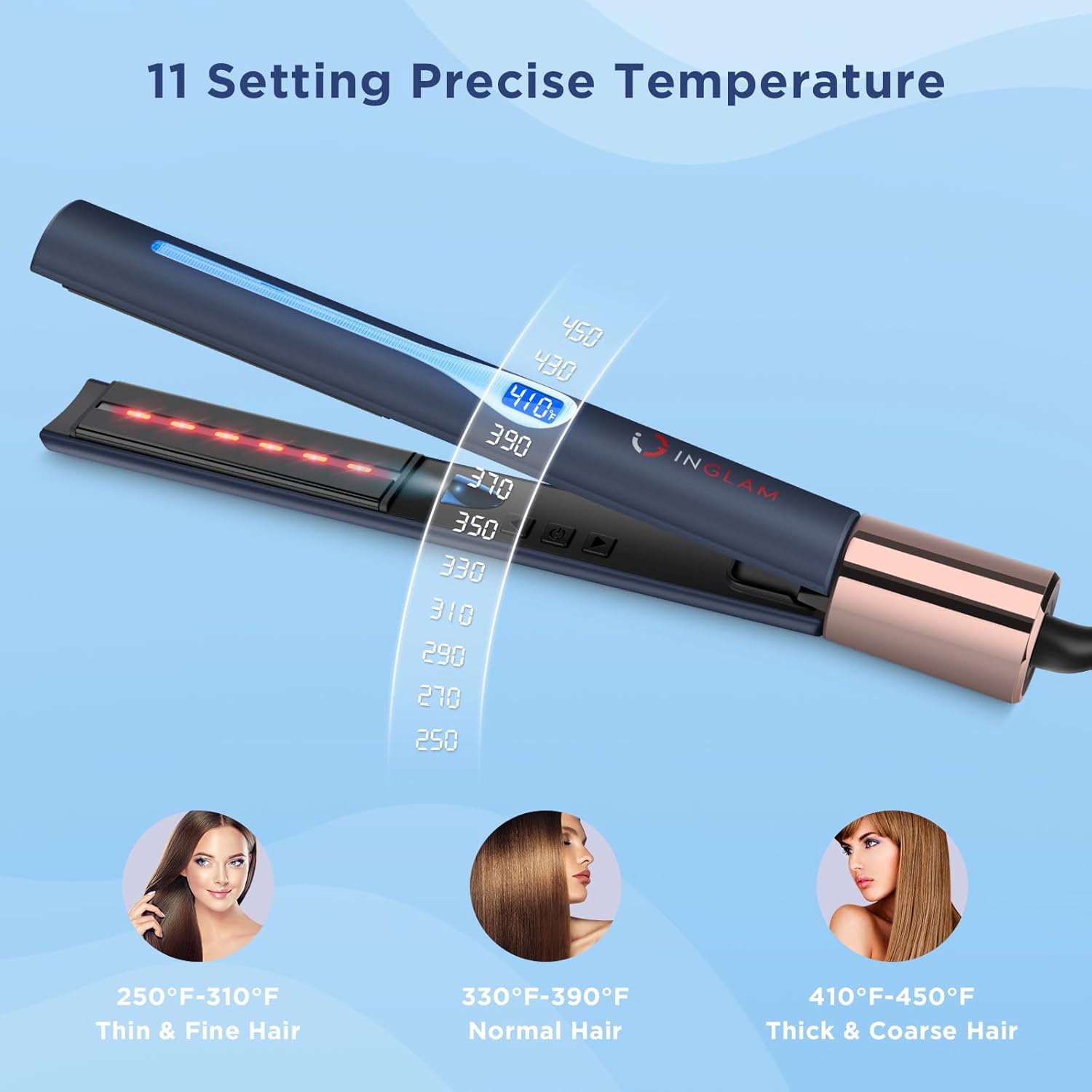 IG INGLAM Titanium Flat Iron Hair Straightener, 1 Inch Curling Iron, Infrared Negative Ionic Hair Straightener 11 Adjust Temp 250°F-450°F, Shiny Hair Dual Voltage 110-240V, Gift, Prussian Blue - Image 4