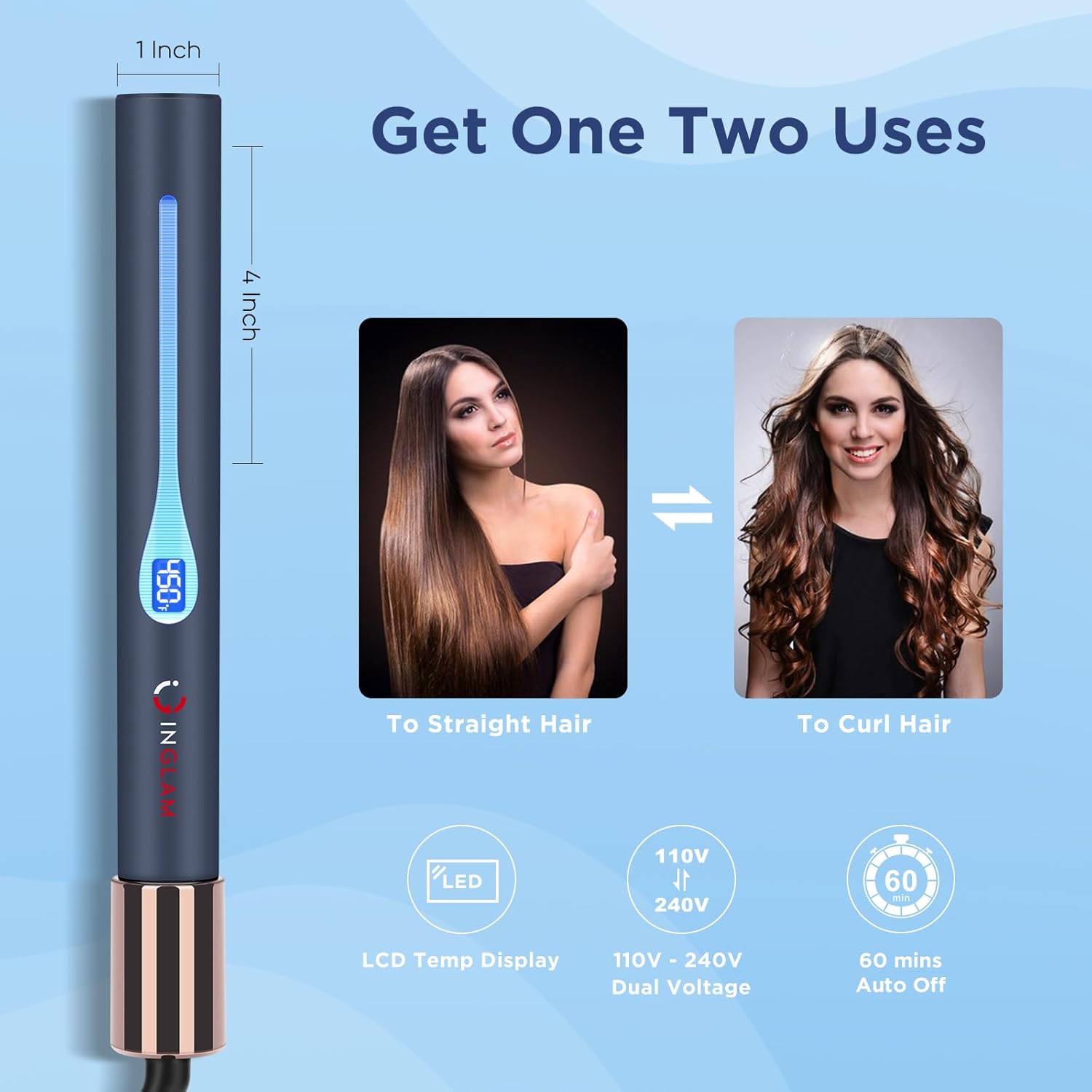 IG INGLAM Titanium Flat Iron Hair Straightener, 1 Inch Curling Iron, Infrared Negative Ionic Hair Straightener 11 Adjust Temp 250°F-450°F, Shiny Hair Dual Voltage 110-240V, Gift, Prussian Blue - Image 6