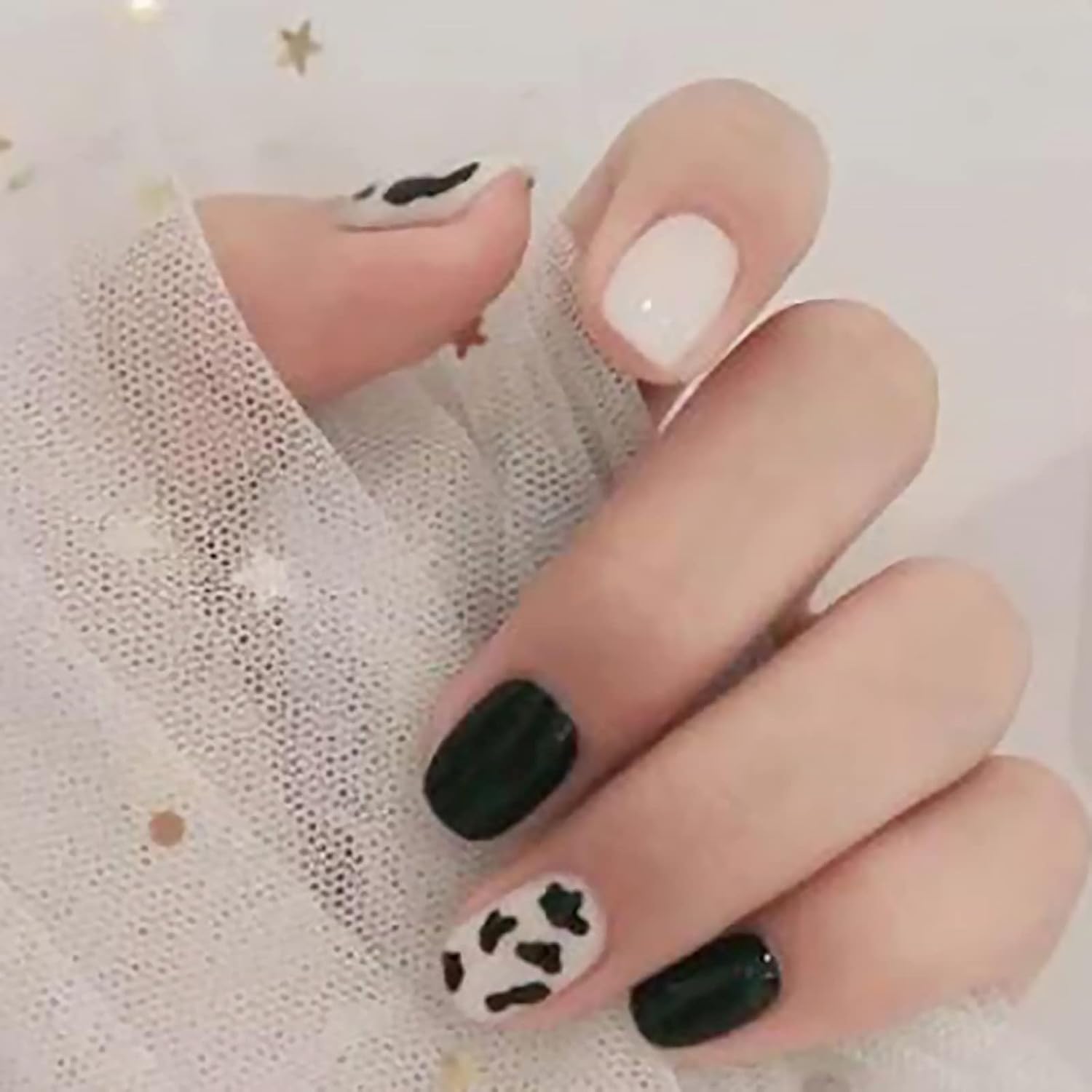 IMSOHOT Glossy Square Press on Nails Short Squoval Cow Print Cute Black False Full Cover Glue on Nails for Women & Girls - Image 2