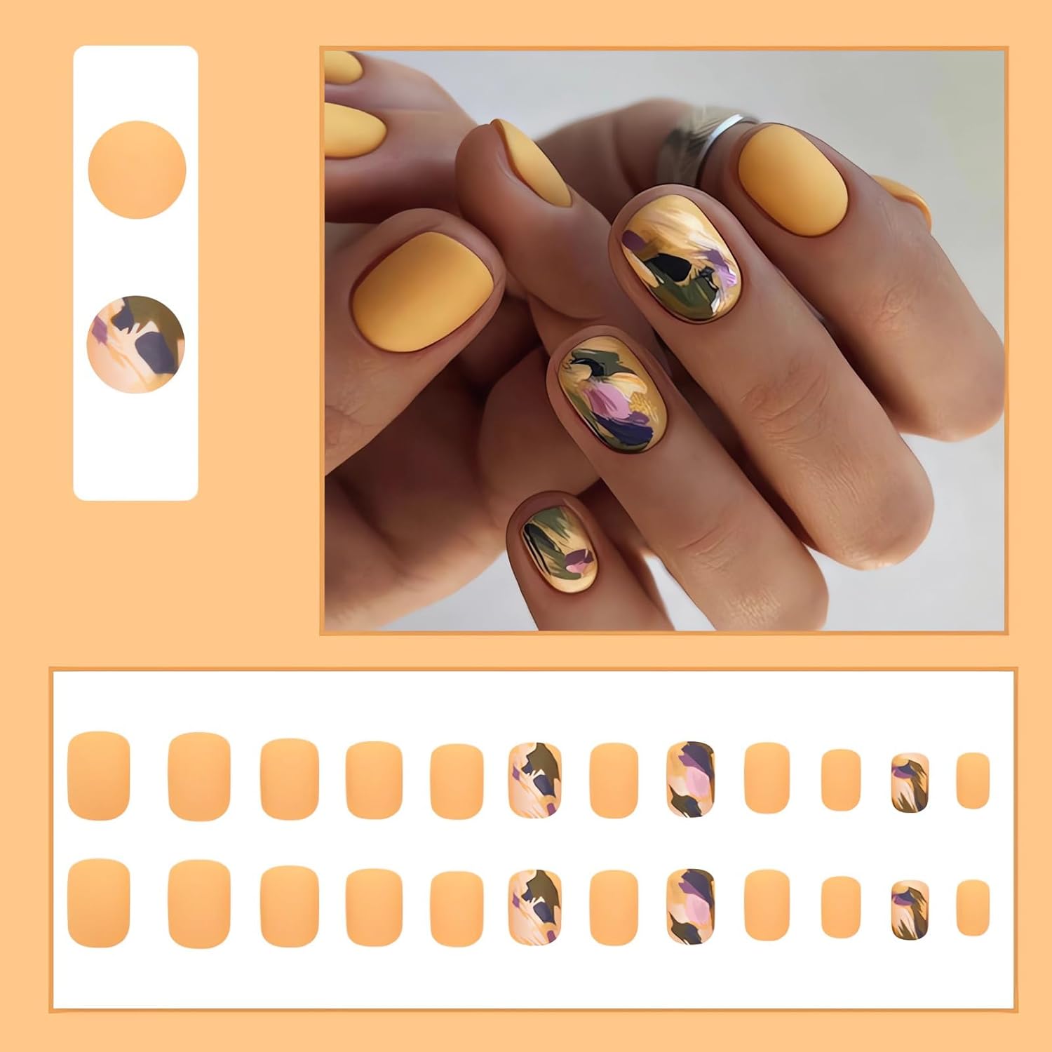 IMSOHOT Short Press on Nails Square Yellow Matte Fake Nails Abstract Graffiti Cute False Nails with Designs Full Cover Glue on Nails Squoval Acrylic Nails 24Pcs - Image 4