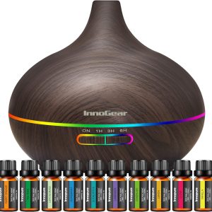 InnoGear Aromatherapy Diffuser & 10 Essential Oils Set, 400ml Diffuser Ultrasonic Diffuser Cool Mist Humidifier with 4 Timers 7 Colors Light Waterless Auto Off for Large Room Office, Dark Wood Grain