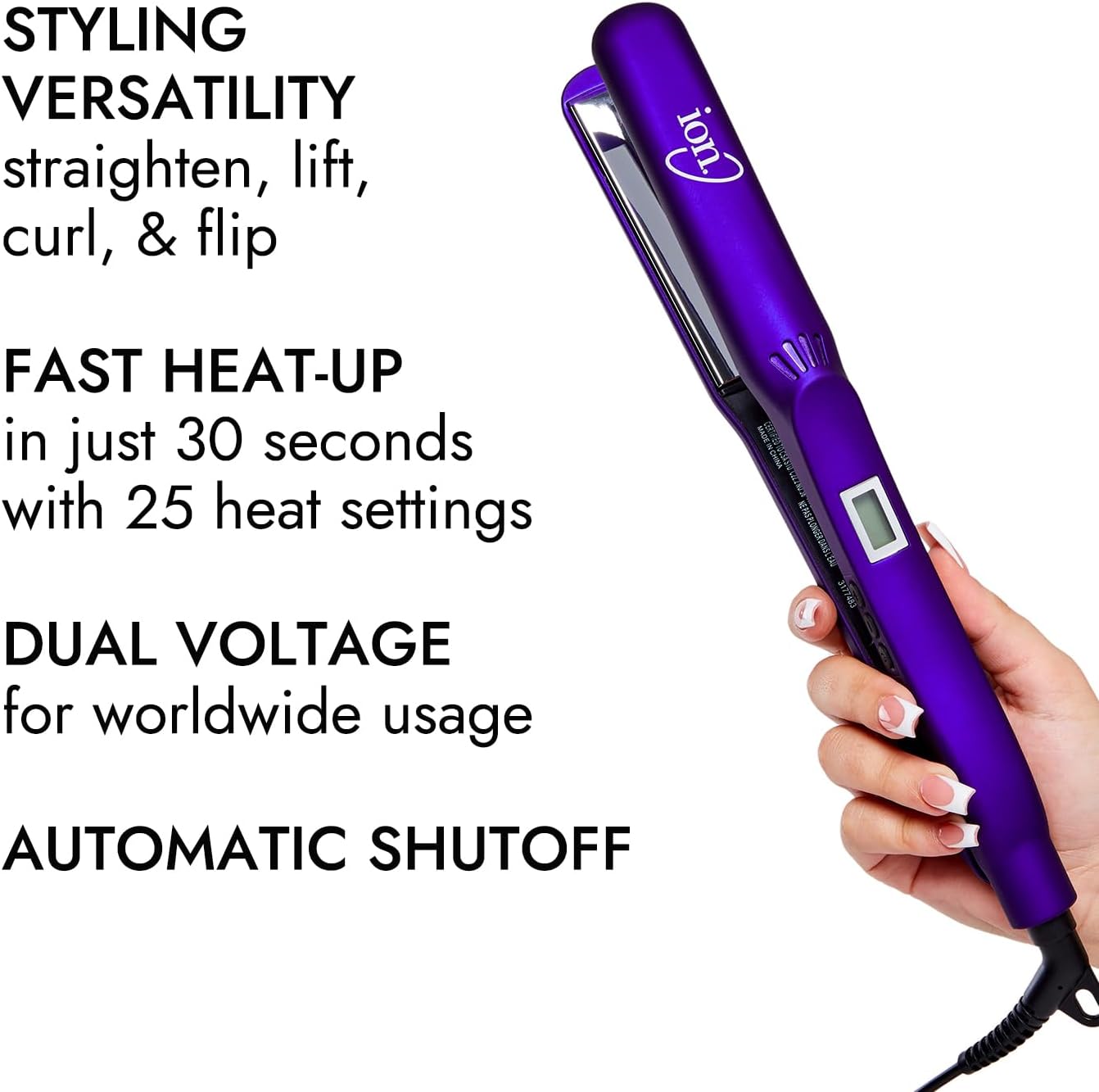 ion Titanium Gator Digital Flat Iron, 1 inch, Straighten, Curl, or Flip Hair, Heats up to 450°F, Digital Display, Dual Voltage - Image 3