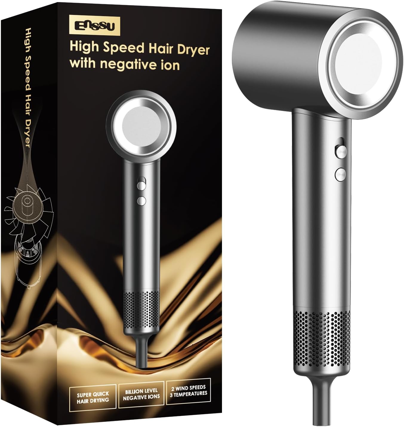 Ionic Hair Dryer, 110000 RPM Professional High Speed Brushless Motor, Low Noise Thermo Control Hairdryer to Prevent Overheating, Compact Travel Blow Dryer with Magnetic Concentrator Nozzle
