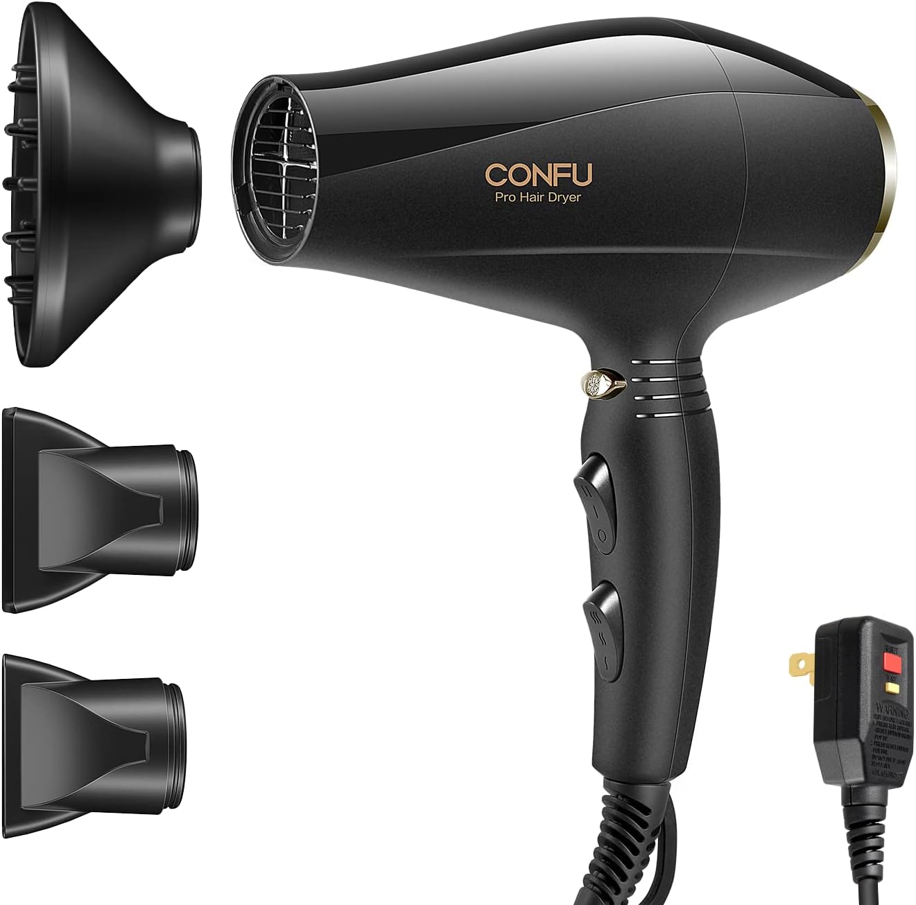 Ionic Hair Dryer with Diffuser, CONFU Professional Salon Blow Dryer with Ac Motor, 2 Concentrator Nozzle Attachments and ALCI Safety Plug, for Women and Men and Home Salon