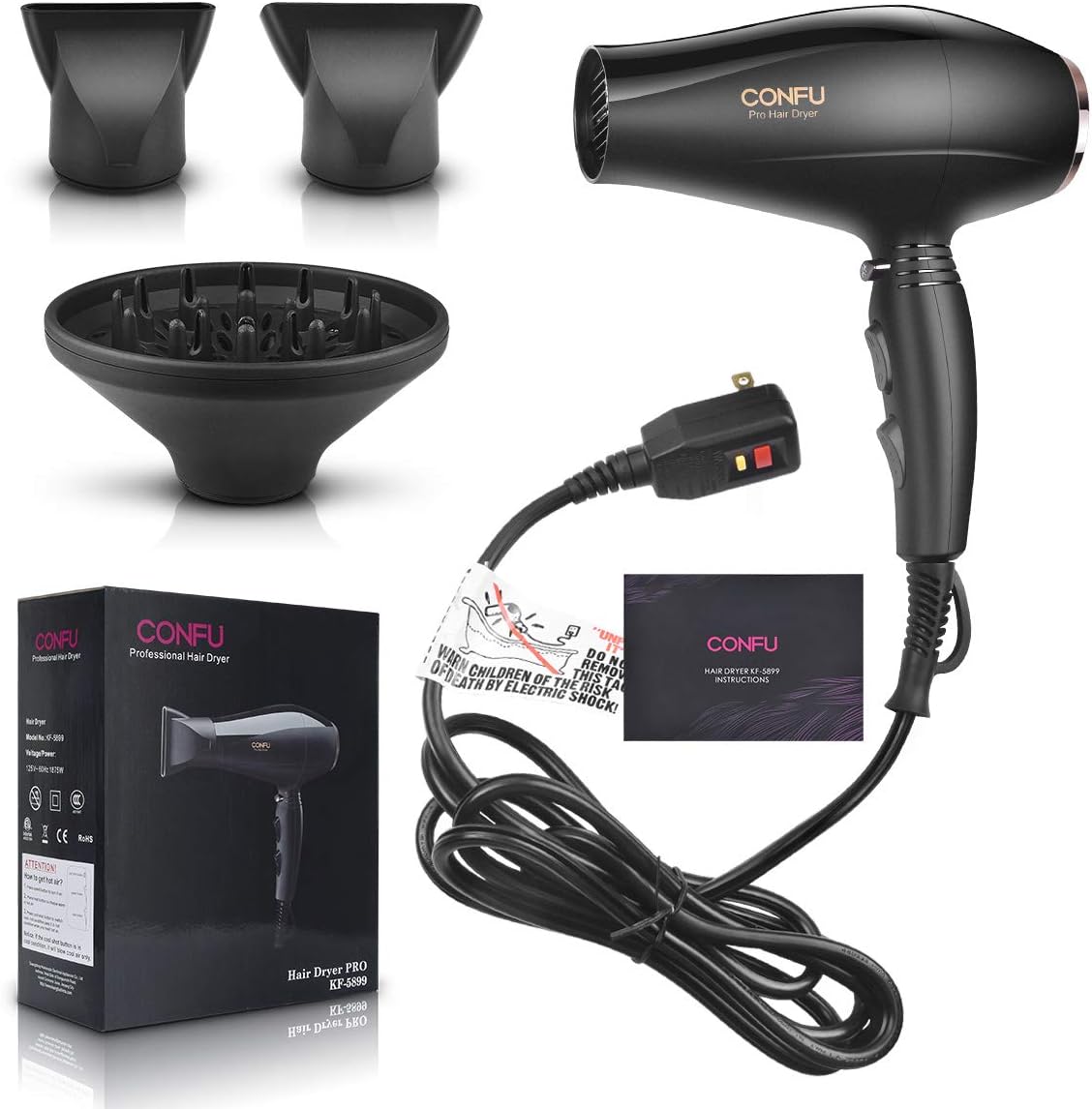 Ionic Hair Dryer with Diffuser, CONFU Professional Salon Blow Dryer with Ac Motor, 2 Concentrator Nozzle Attachments and ALCI Safety Plug, for Women and Men and Home Salon - Image 8