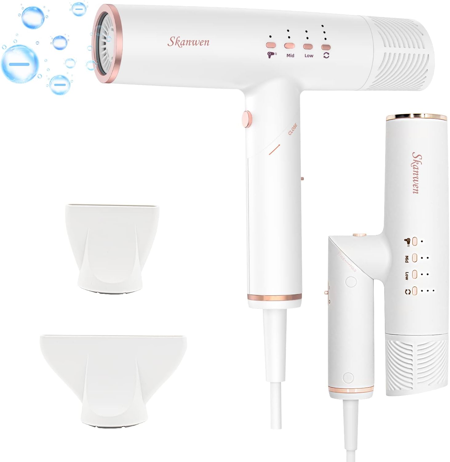 Ionic Hair Dryer with Folding Handle, 110,000 RPM High-Speed Professional Blow Dryer | Fast Drying, Low Noise, Lightweight Design, Perfect for Home and Travel, Pearl White