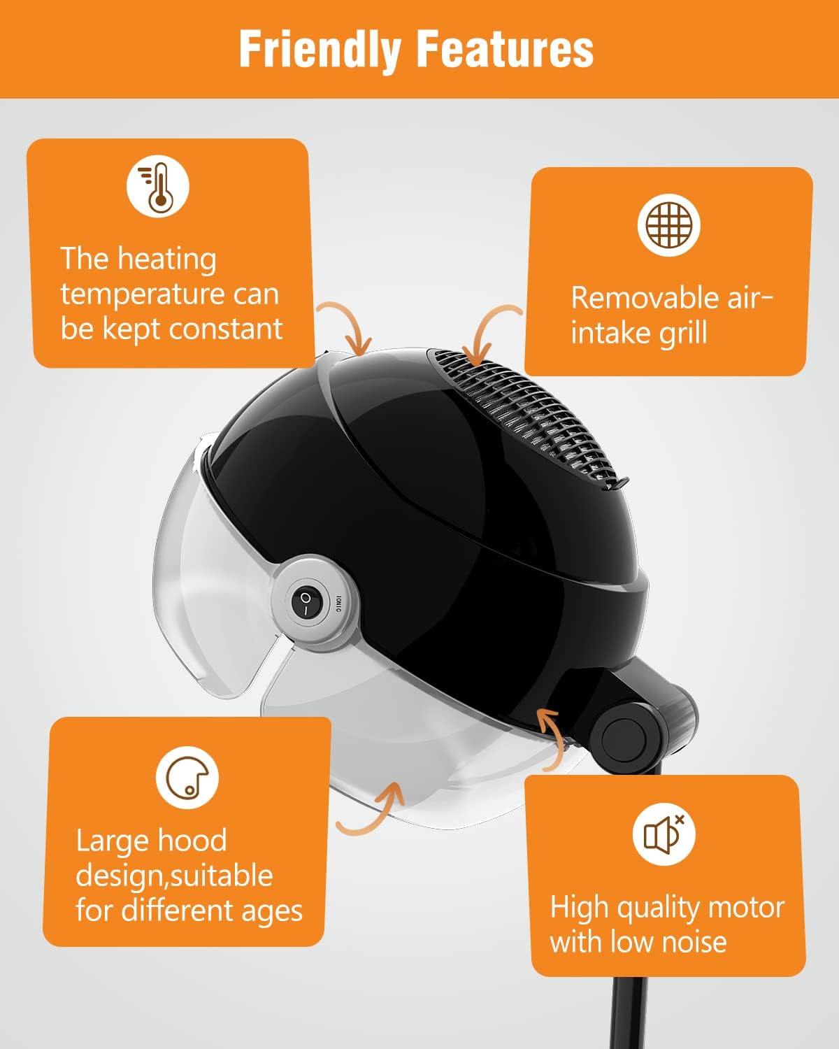 Ionic 1875W Standing Hooded Hair Dryer with Adjustable Bonnet, 3 Heat Settings, and Wheels - Image 4