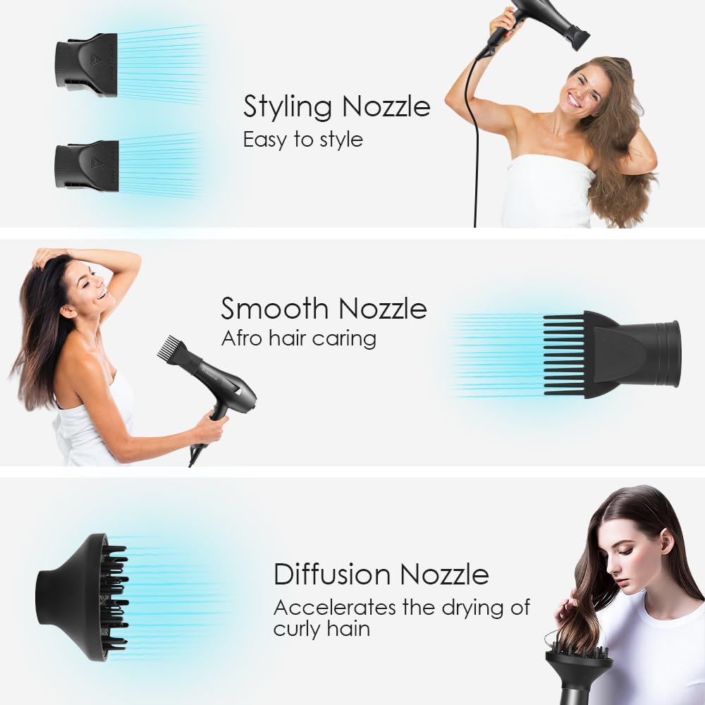 Ionic Salon Hair Dryer, Professional Blow Dryer AC Motor Fast Drying with 2 Speed, 3 Heat Setting, Cool Button, with Diffuser, Nozzle, Concentrator Comb for Curly & Straight Hair-Black - Image 6