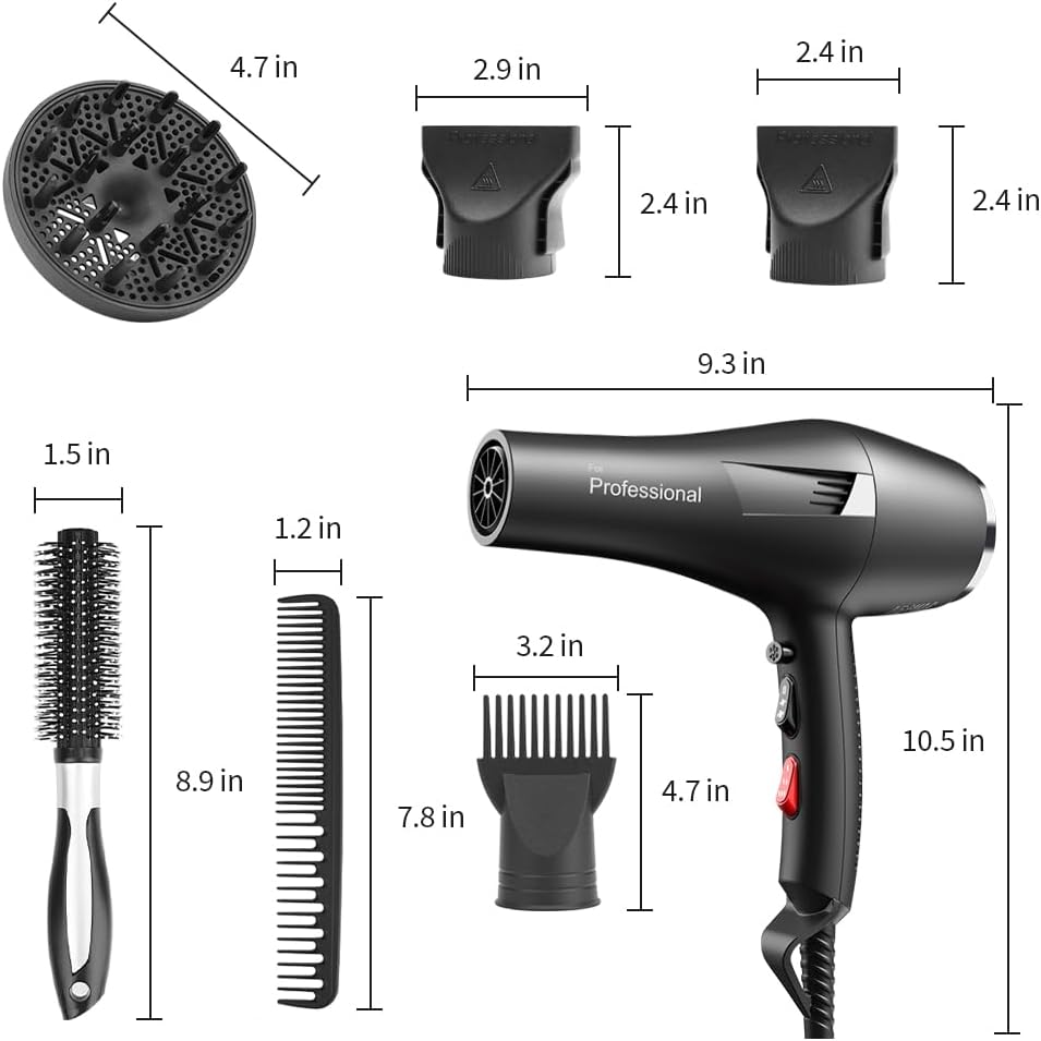 Ionic Salon Hair Dryer, Professional Blow Dryer AC Motor Fast Drying with 2 Speed, 3 Heat Setting, Cool Button, with Diffuser, Nozzle, Concentrator Comb for Curly & Straight Hair-Black - Image 7