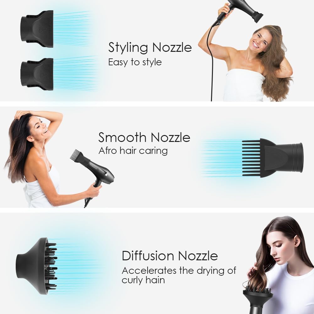 Ionic Salon Hair Dryer, Professional Blow Dryer AC Motor Fast Drying with 2 Speed, 3 Heat Setting, Cool Button, with Diffuser, Nozzle, Concentrator Comb for Curly & Straight Hair-Blue - Image 6