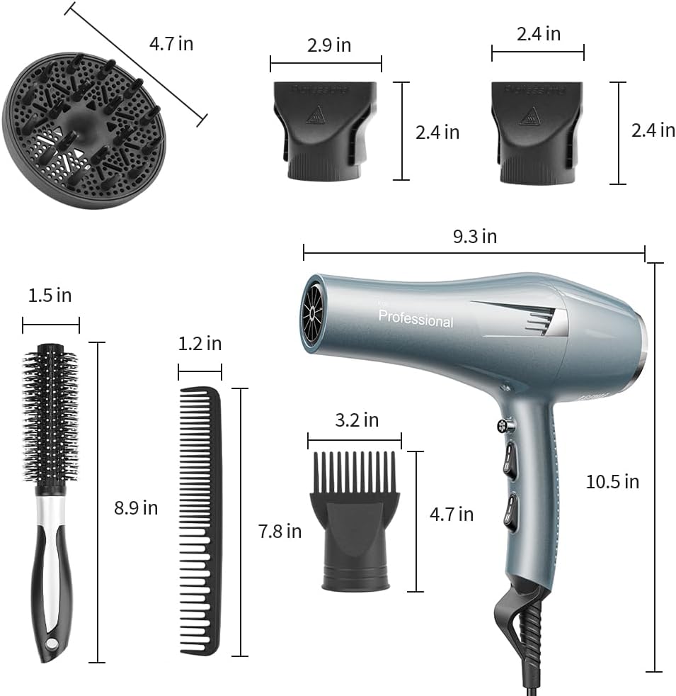 Ionic Salon Hair Dryer, Professional Blow Dryer AC Motor Fast Drying with 2 Speed, 3 Heat Setting, Cool Button, with Diffuser, Nozzle, Concentrator Comb for Curly & Straight Hair-Blue - Image 8