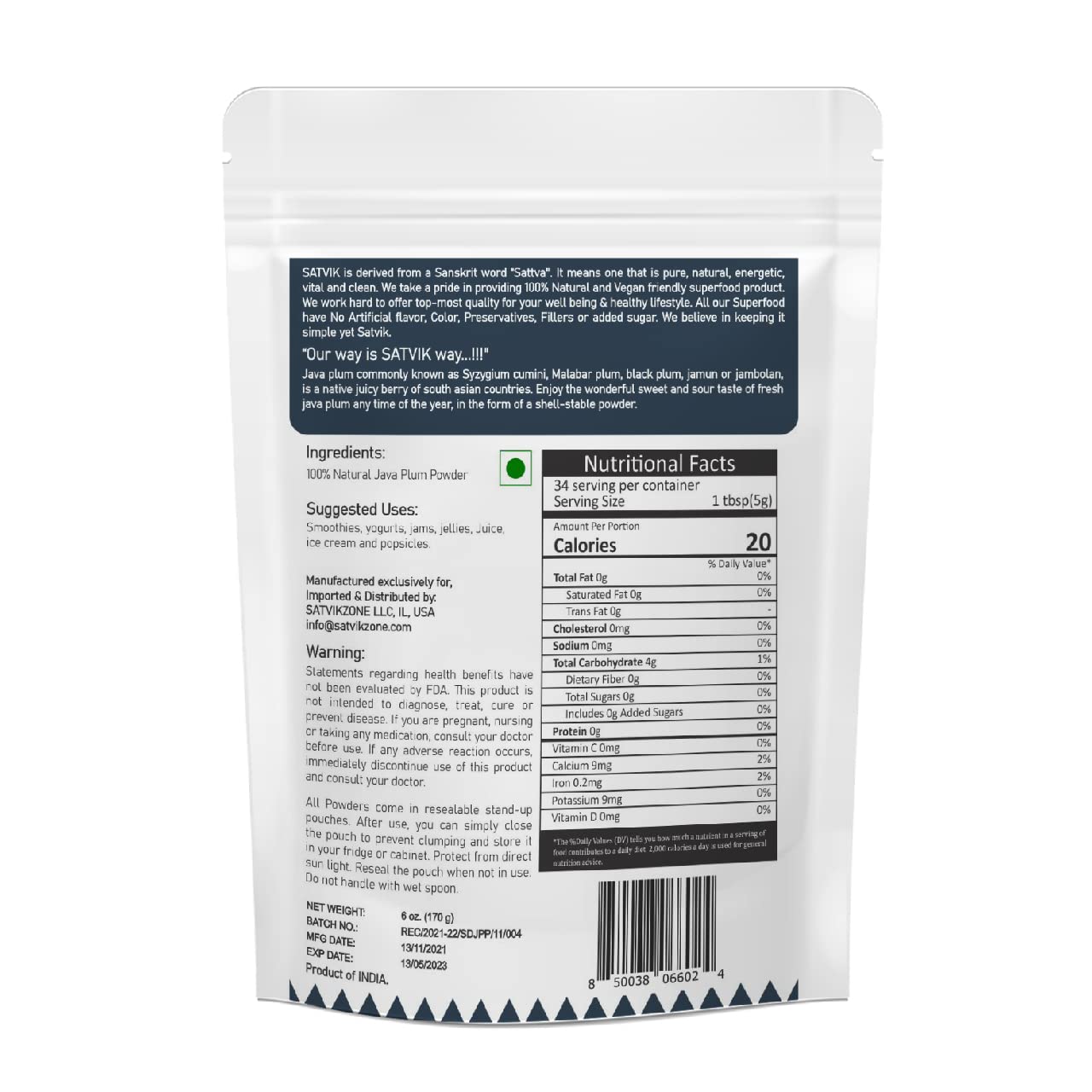 Java Plum Jamun Fruit Powder, 100% Natural, 6 oz, Vegan Friendly, No Added Sugar, No Artificial Flavors/Colors/Preservatives, NON-GMO, Eco-friendly Standup Resealable Pouch - Image 2