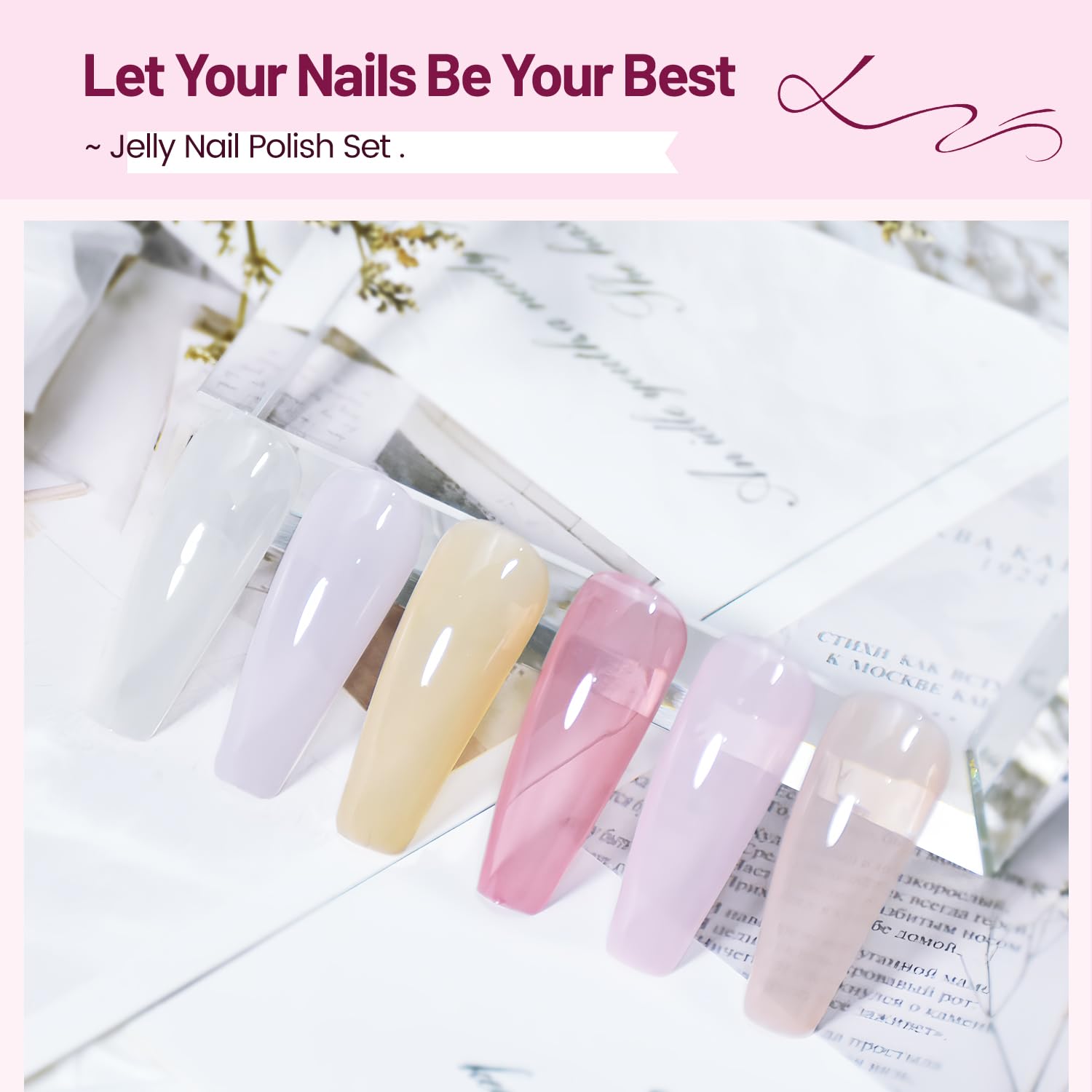 Jelly Nail Polish Set 6 Colors White Pale Red Soft Pink Natural Nude Pale Purple Fresh Pink Purple All Seasons Neutral Color Quick Dry Nail Polish Set for Women Salon DIY Nail Art - Image 6