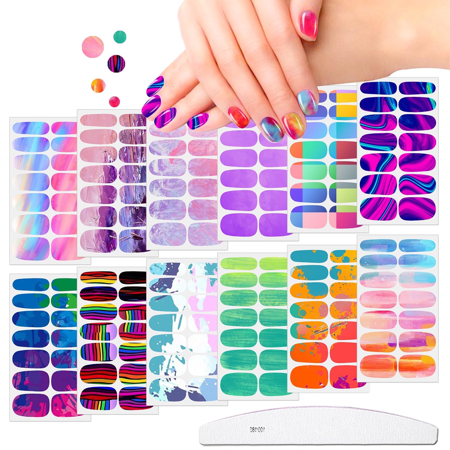 JERCLITY 12 Sheets Aurora Gradient Color Nail Polish Strips with Nail File Self-Adhesive Graffiti Cloud Rainbow Nail Stickers Full Nail Wraps for Women Kids Nail Strips Manicure Kit for Nail Art