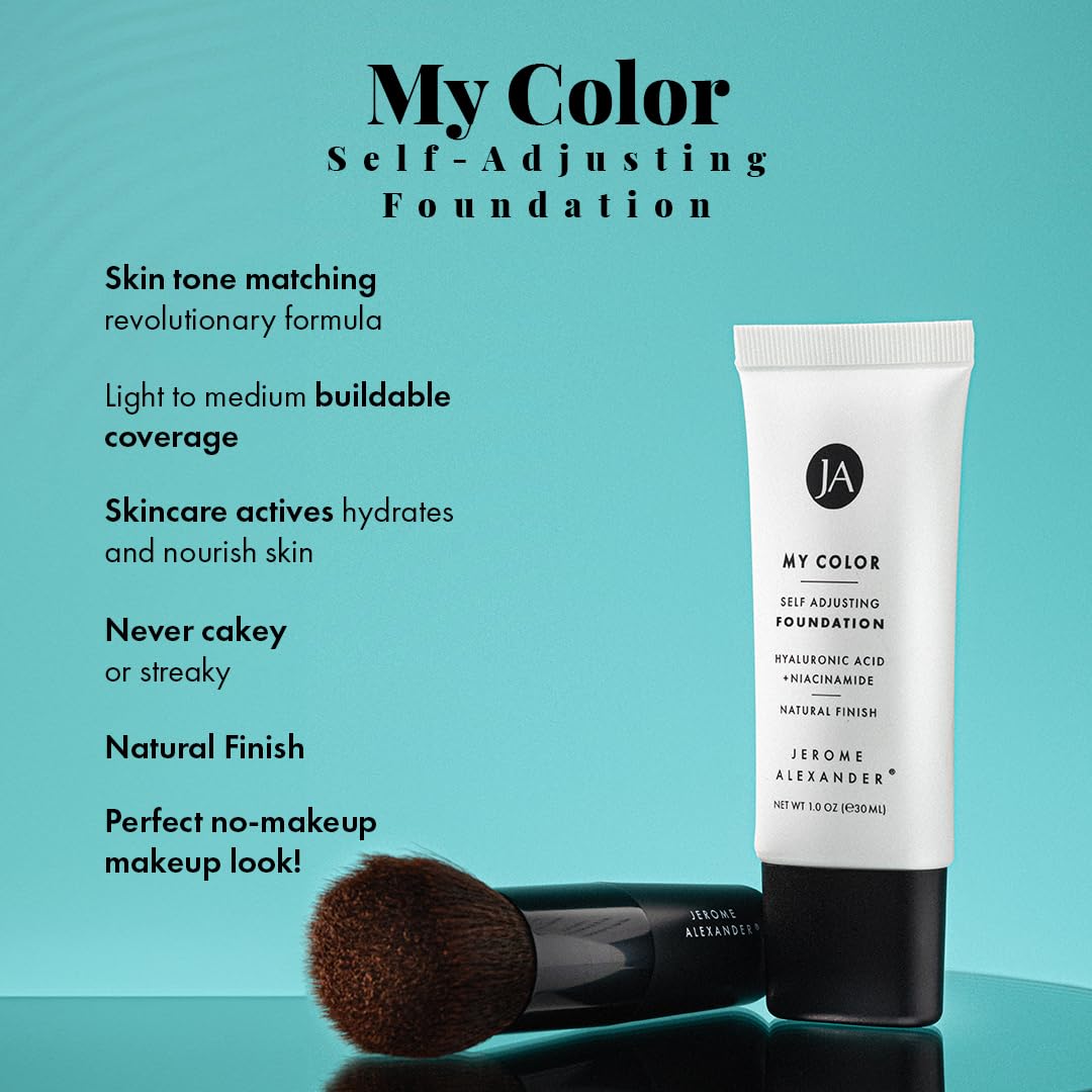 Jerome Alexander My Color Self-Adjusting Foundation, Hydrating & Lightweight Face Makeup, Skincare-Infused, with Kabuki Brush, Light, 1 oz - Image 2