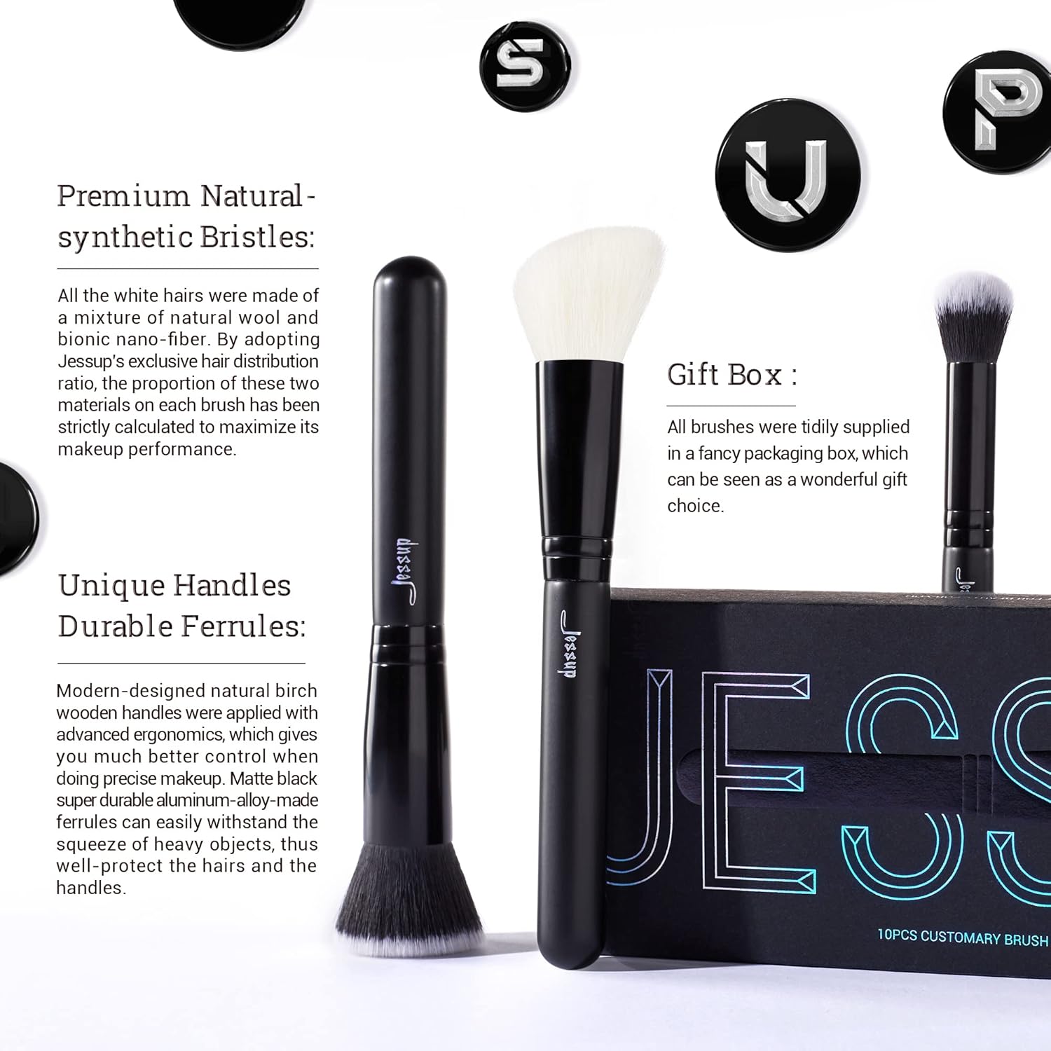 Jessup Makeup Brush Set 10pcs Black Make up Brushes Set Professional with Natural Synthetic Hair for Foundation Blending Blush Concealer Eyeshadow Eyebrow Eyeliner, T323 - Image 4