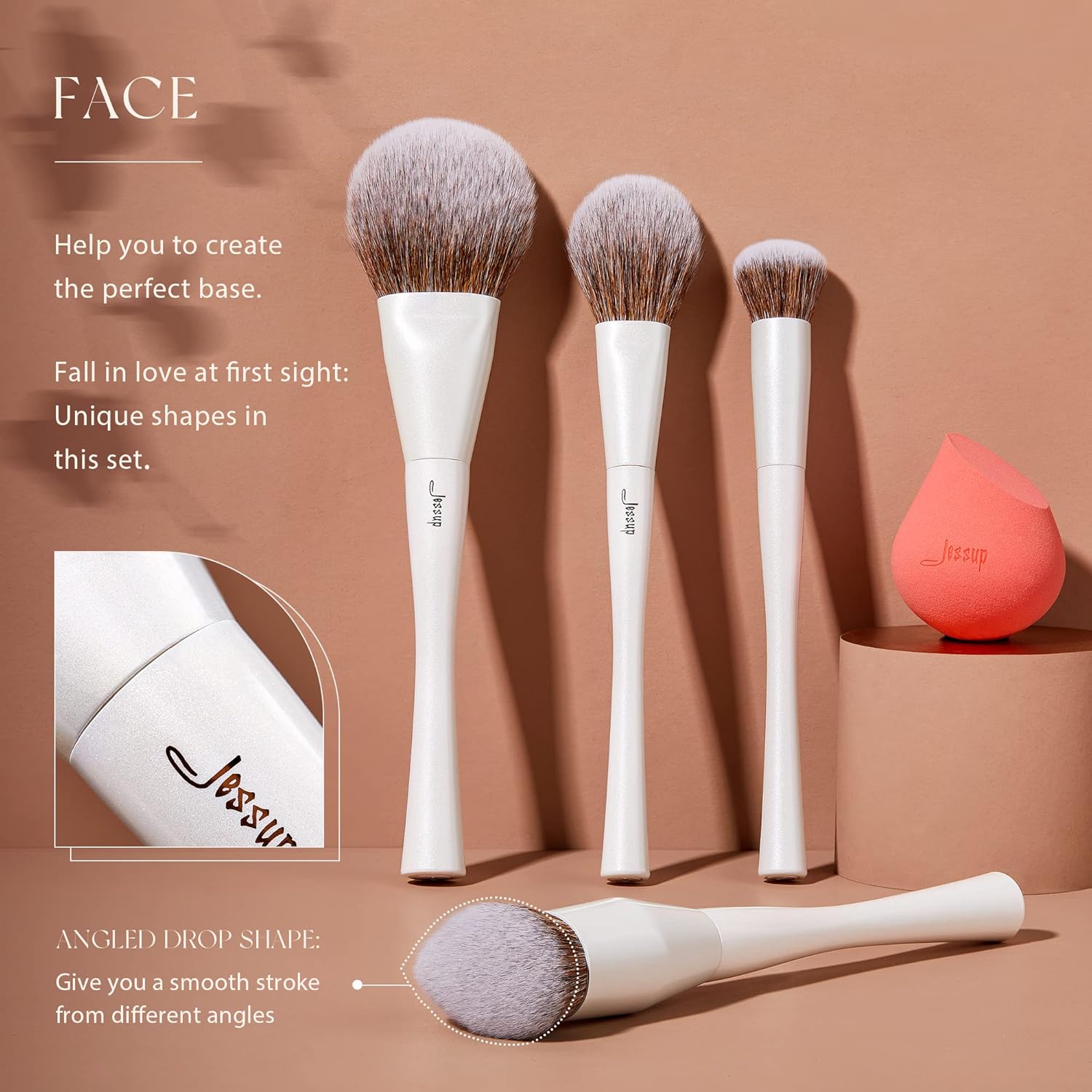 Jessup Makeup Brushes Set 14pcs Highend Makeup Gift Set for Women Include Foundation Concealer Blush Contour Powder Eye Shadow Brush, Makeup Sponge, Makeup Brush Cleaner and Towel, Pearl White T333 - Image 3