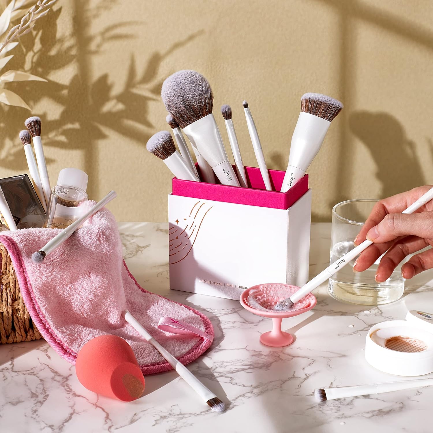 Jessup Makeup Brushes Set 14pcs Highend Makeup Gift Set for Women Include Foundation Concealer Blush Contour Powder Eye Shadow Brush, Makeup Sponge, Makeup Brush Cleaner and Towel, Pearl White T333 - Image 7