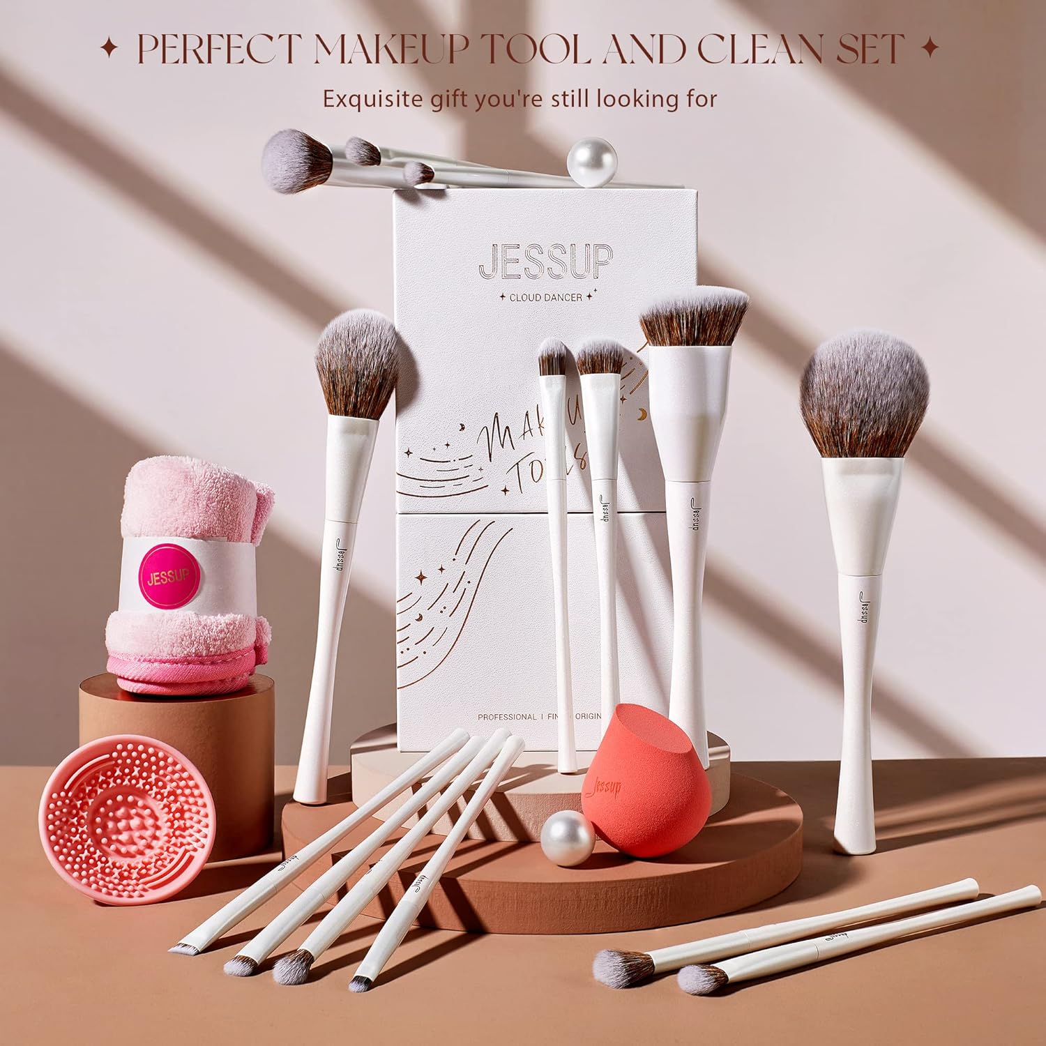 Jessup Makeup Brushes Set 14pcs Highend Makeup Gift Set for Women Include Foundation Concealer Blush Contour Powder Eye Shadow Brush, Makeup Sponge, Makeup Brush Cleaner and Towel, Pearl White T333 - Image 5