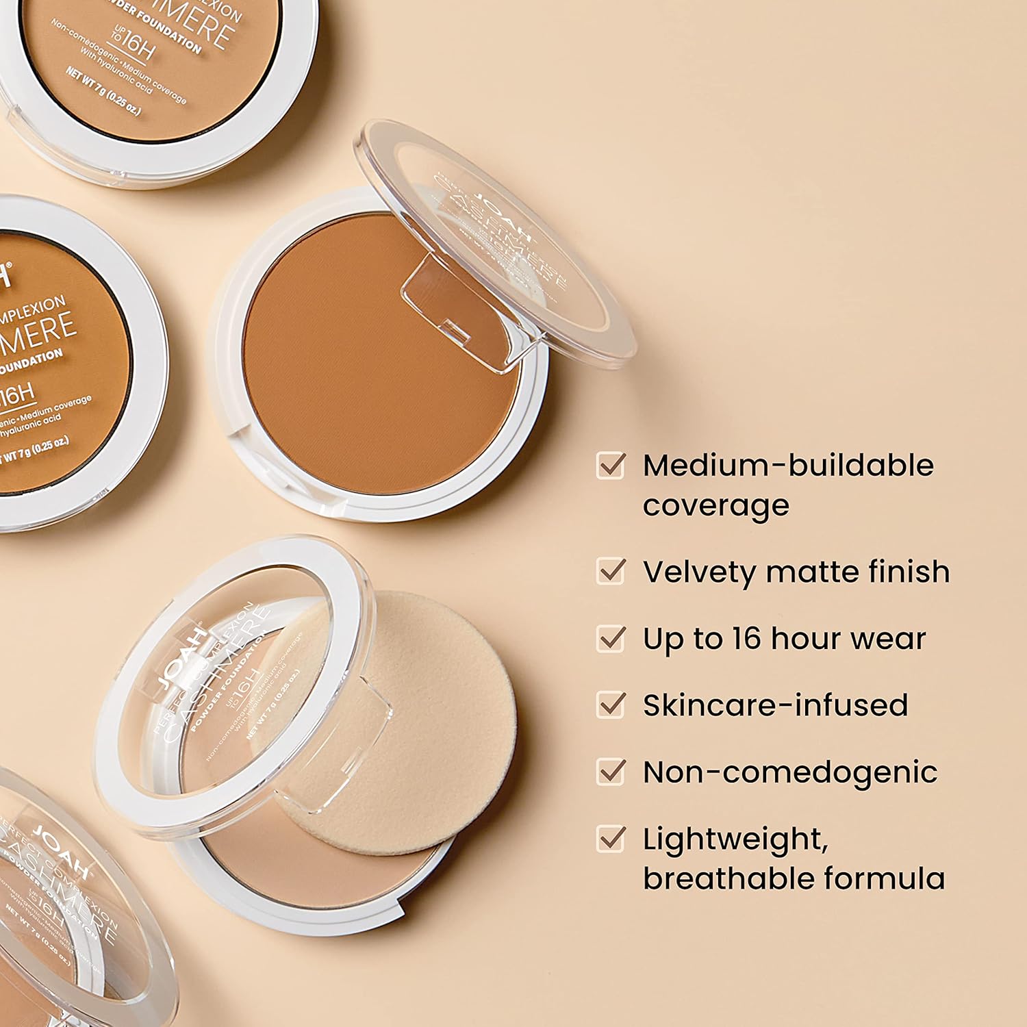 JOAH Perfect Complexion Cashmere Powder Foundation, Medium Face Coverage, Matte Finish, Korean Makeup, Compact Design For Oily & All Skin Types, 16 Hour Wear, Tan with Warm Undertones - Image 3