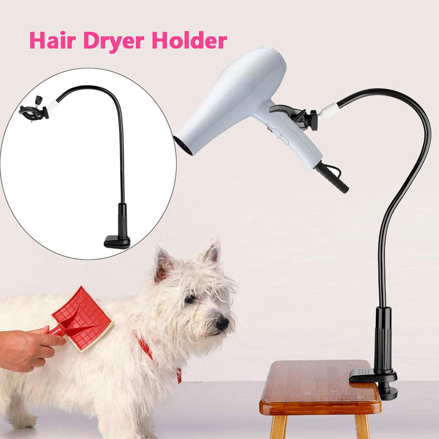 Joyzan Dog Hair Dryer Stand, Pet Grooming Table Hands Free Blow Holder 360 Degrees Rotatable Adjustable Third Arm Clamp Aluminum Alloy Mount Clip Groomers Flexible Hose Tube Cat Countertop Shower - Image 3