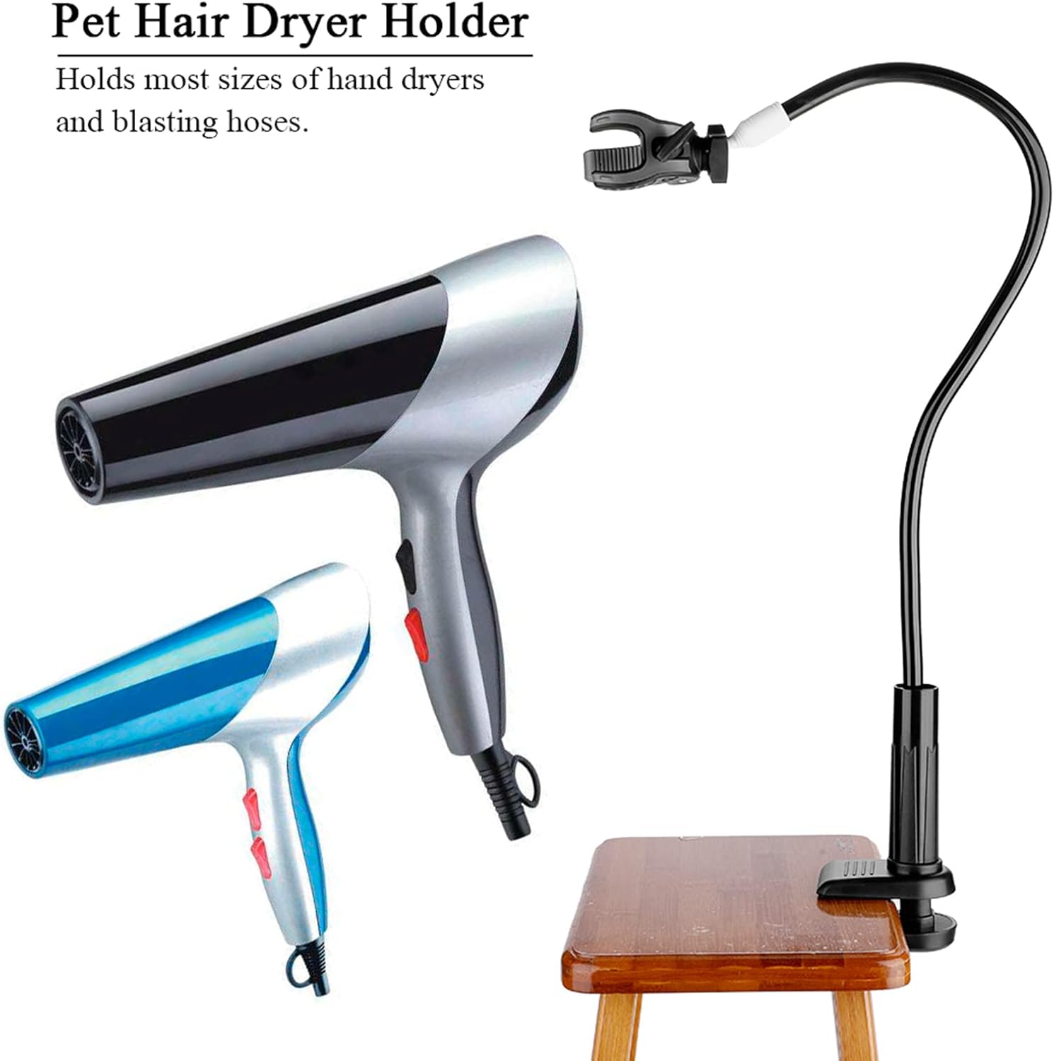 Joyzan Dog Hair Dryer Stand, Pet Grooming Table Hands Free Blow Holder 360 Degrees Rotatable Adjustable Third Arm Clamp Aluminum Alloy Mount Clip Groomers Flexible Hose Tube Cat Countertop Shower - Image 4