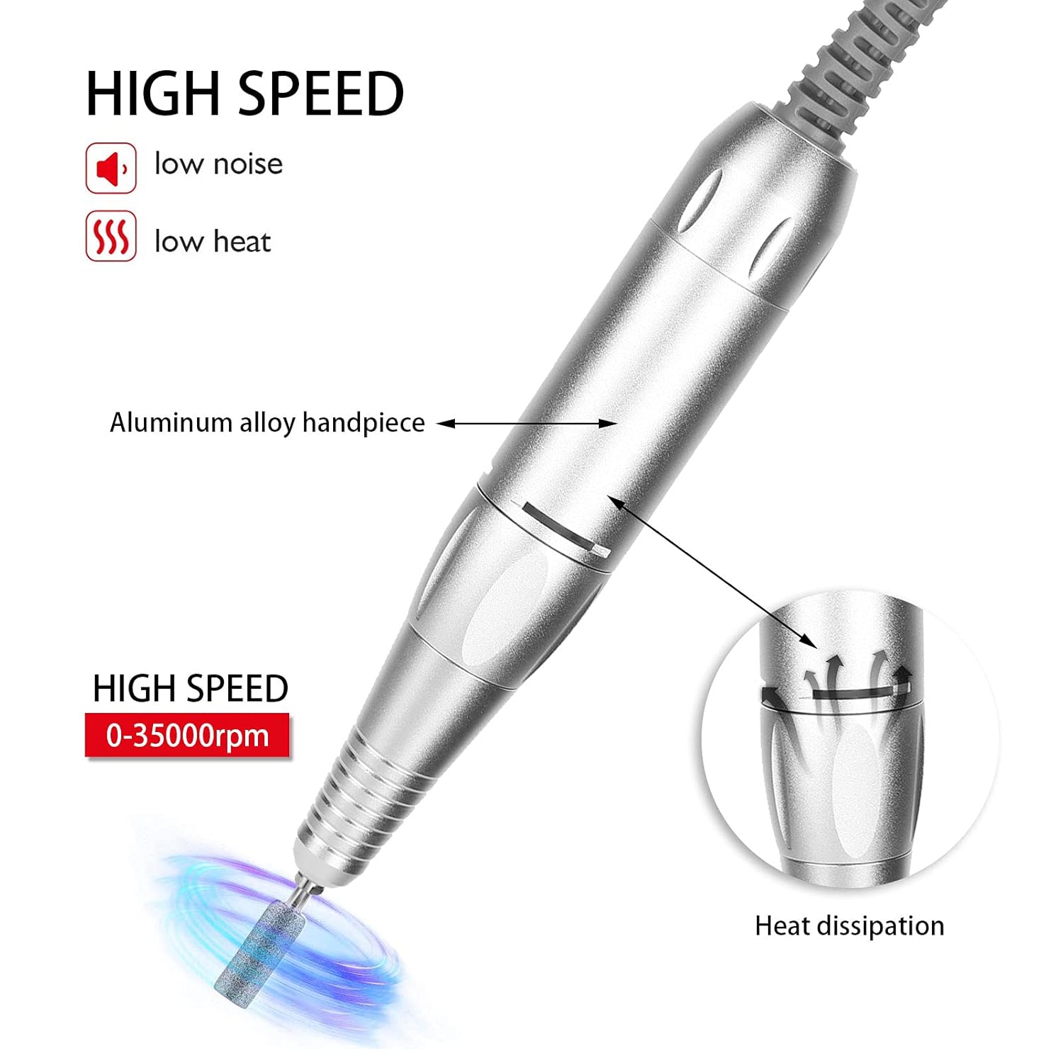 Joyzan Electric Nail Drill Pen, 35000RPM Handle Handpiece Polishing Machine Part Replacement Aluminum Alloy File Acrylic Powder Remover Gel Polisher Grinder Portable Manicure Pedicure Art Tool - Image 6