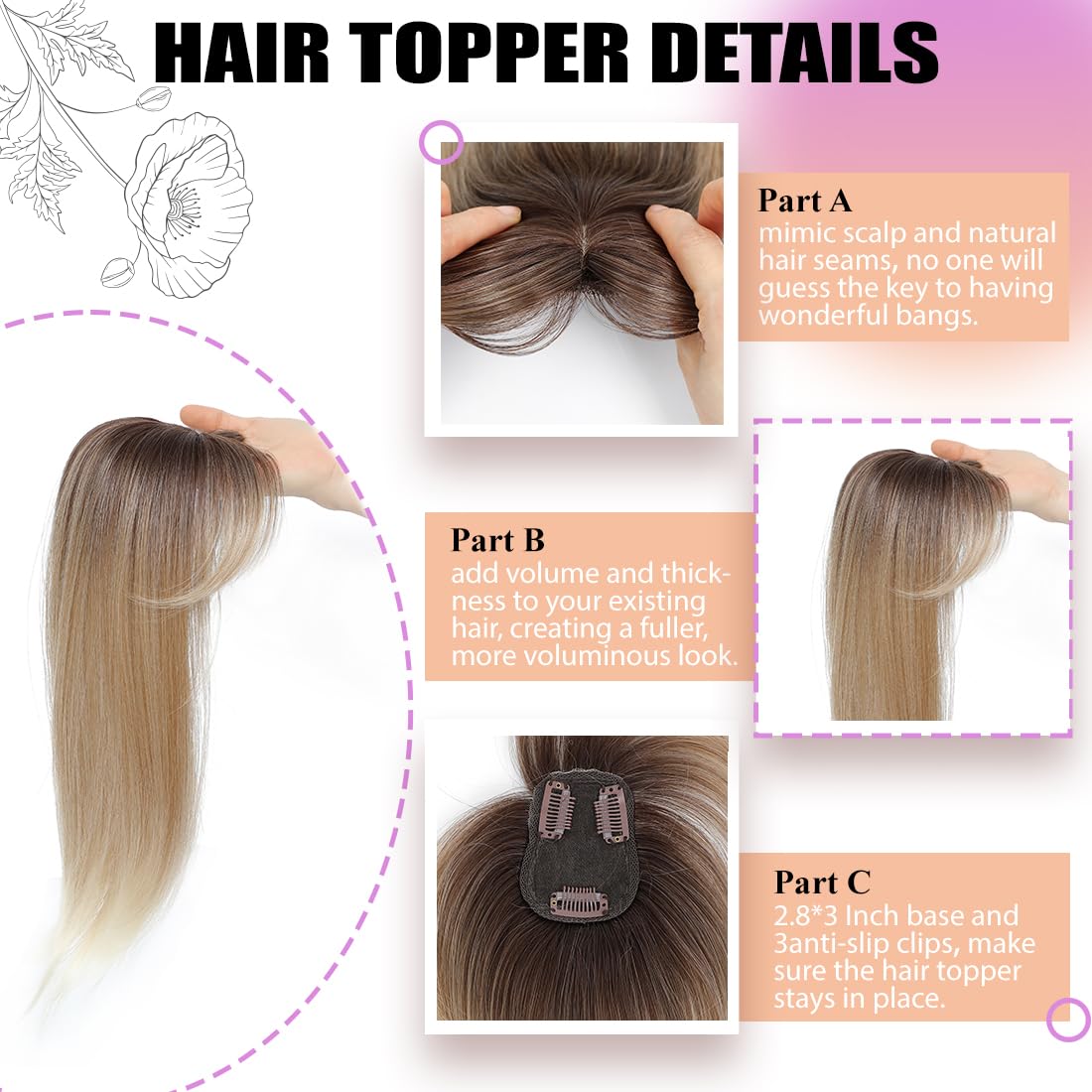 JQM Hair Topper Clip in Bangs, 18 Inch 3D 360° Cover Hair Toppers for Women with Thinning (Ombre Light Brown to Blonde) - Image 4