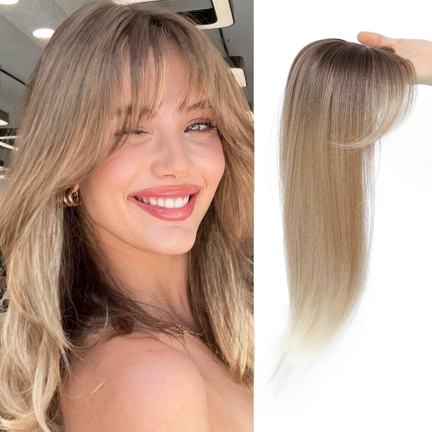 JQM Hair Topper Clip in Bangs, 18 Inch 3D 360° Cover Hair Toppers for Women with Thinning (Ombre Light Brown to Blonde)
